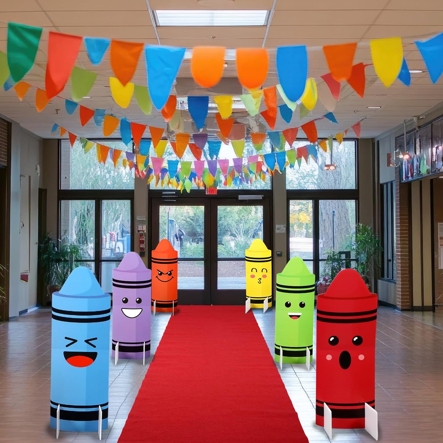 Capoda 6 Pcs Crayon Yard Sign Decorations with Stands and Red Runway Carpet Crayon Party Decorations Back to School Lawn Sign for Party Entrance First Day of School Graduation Backdrop Photo Prop