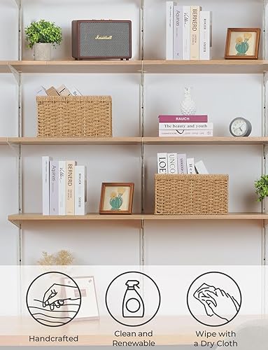 Miniatura 4 de StorageWorks Canastas redondas de almacenamiento de cuerda de papel canastas rectangulares de mimbre con asas integradas tamaño mediano 13.25 x 8.5