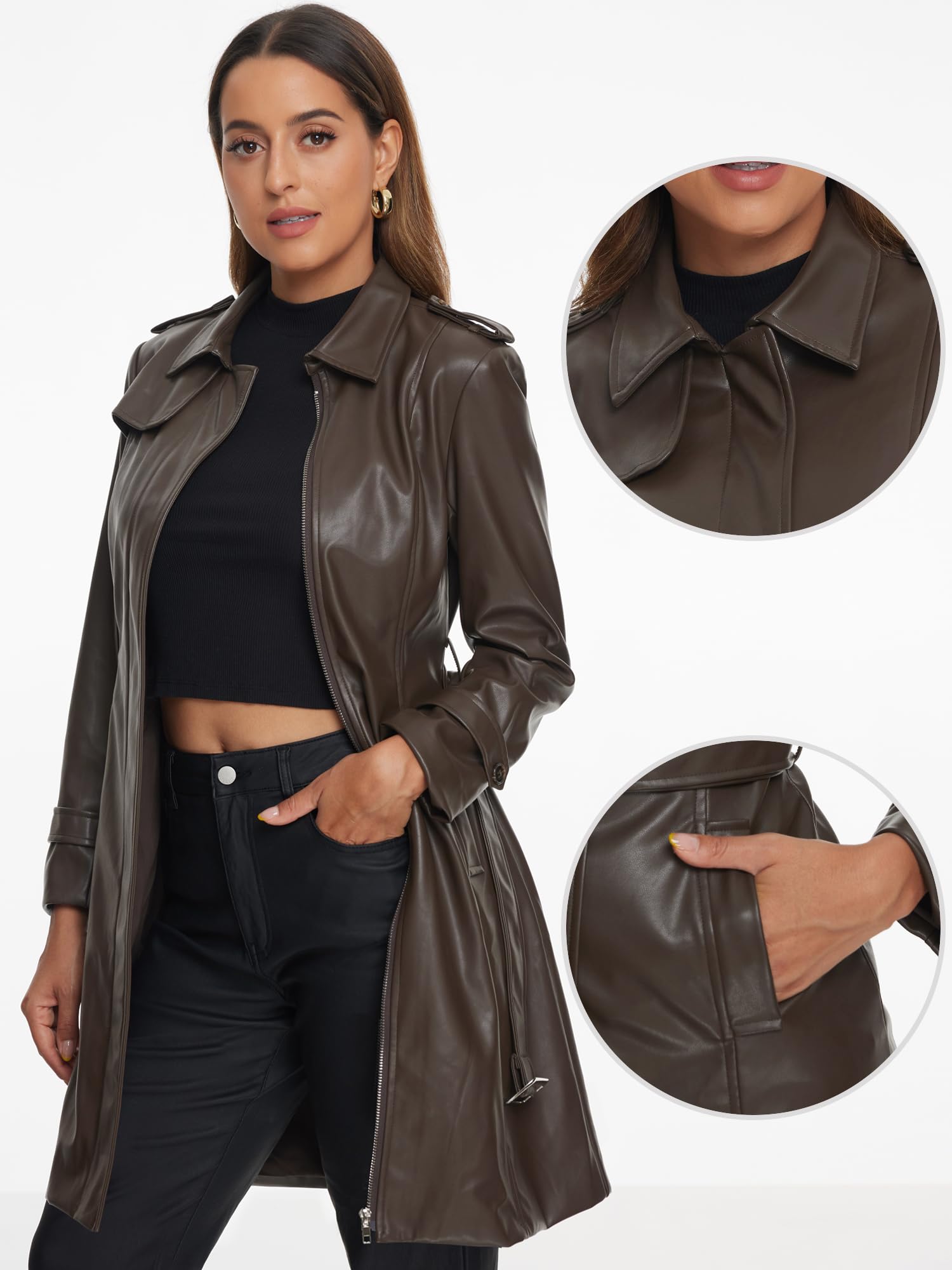 Allegra K Giacca Lunga da Donna in Ecopelle a Manica Lunga Slim Fit con Zip Cappotto con Risvolto