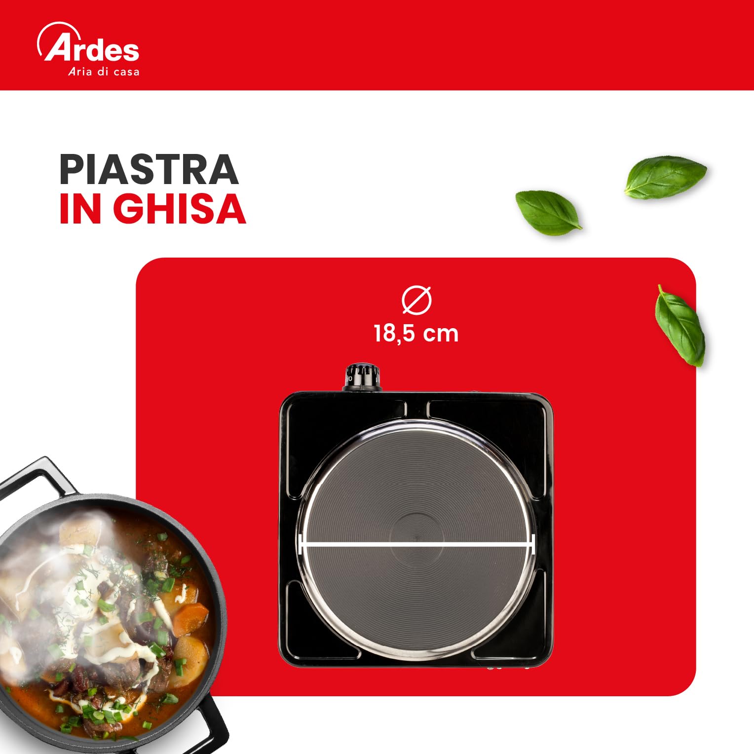 ARDES Hornillo eléctrico 1 placa de fundición para cocinar, de 1500W en Acero Pintado Diámetro Placa 18,5 cm y Termostato de Regulación Modelo TIKAPPA AR1F19 Negro