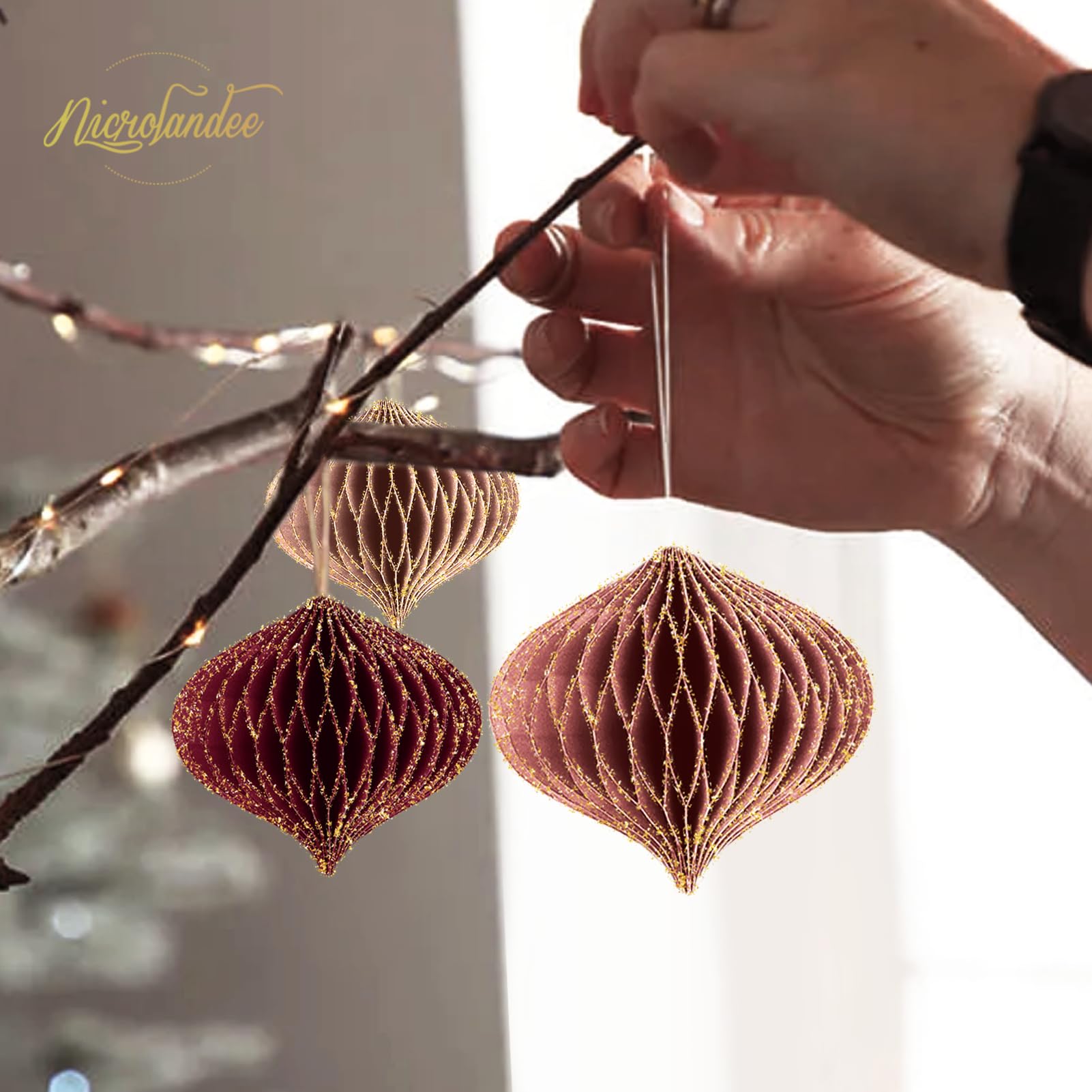 NICROLANDEE Christmas Hanging Decorations, 6 PCS Nature Round Glitter Edge Paper Honeycomb Ornaments - Image 4