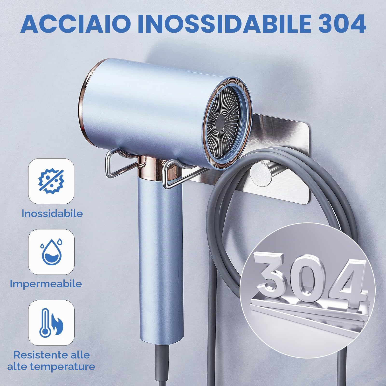 Supporto per asciugacapelli da Bagno a Parete Senza Foratura, in Acciaio Inox con mensole di Supporto, Supporto per asciugacapelli, da incollare per Bagno, Camera da Letto, Hotel (Argento)