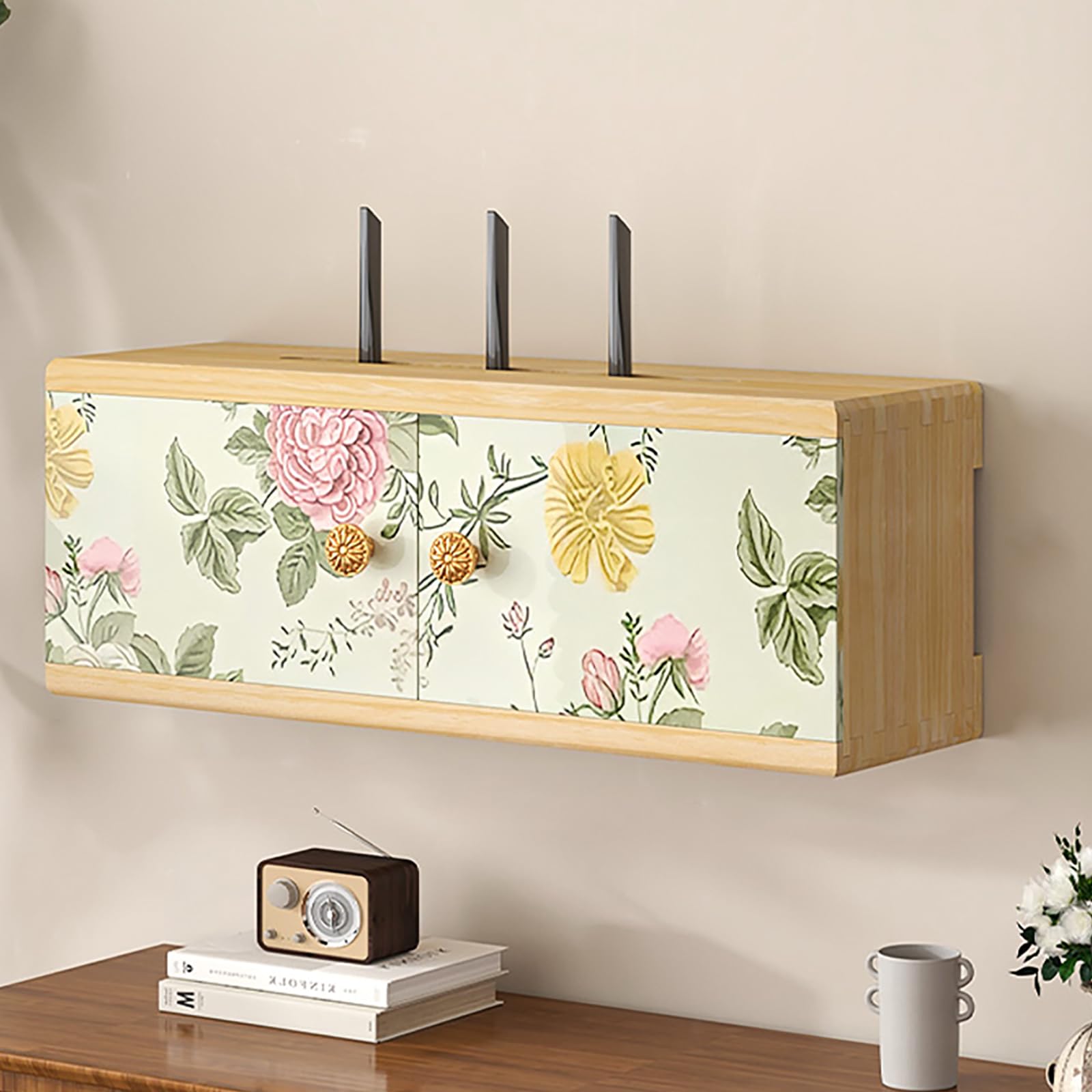 Armoire Murale pour Routeur WiFi, Boîte de Rangement Cache-Câbles pour Box Internet et Modem, Organisateur en Bois avec Porte Coulissante, Support Mural Décoratif pour Salon et Bureau Rose 23.62in