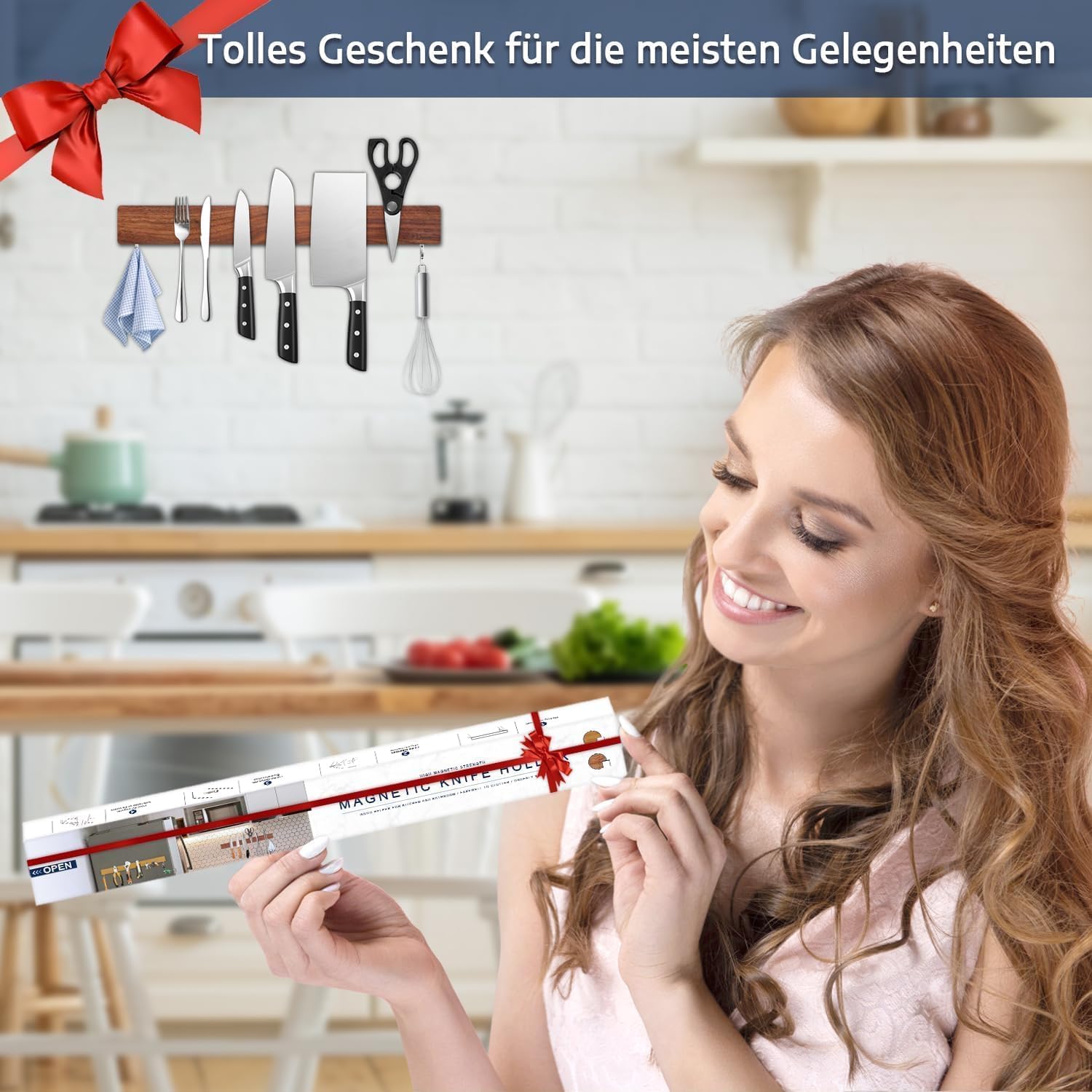 Dmore Lama Magnetica da 40 cm Con 2 Ganci - Supporto in Noce Senza Foratura per Coltelli e Utensili - Include Nastro Adesivo e Viti