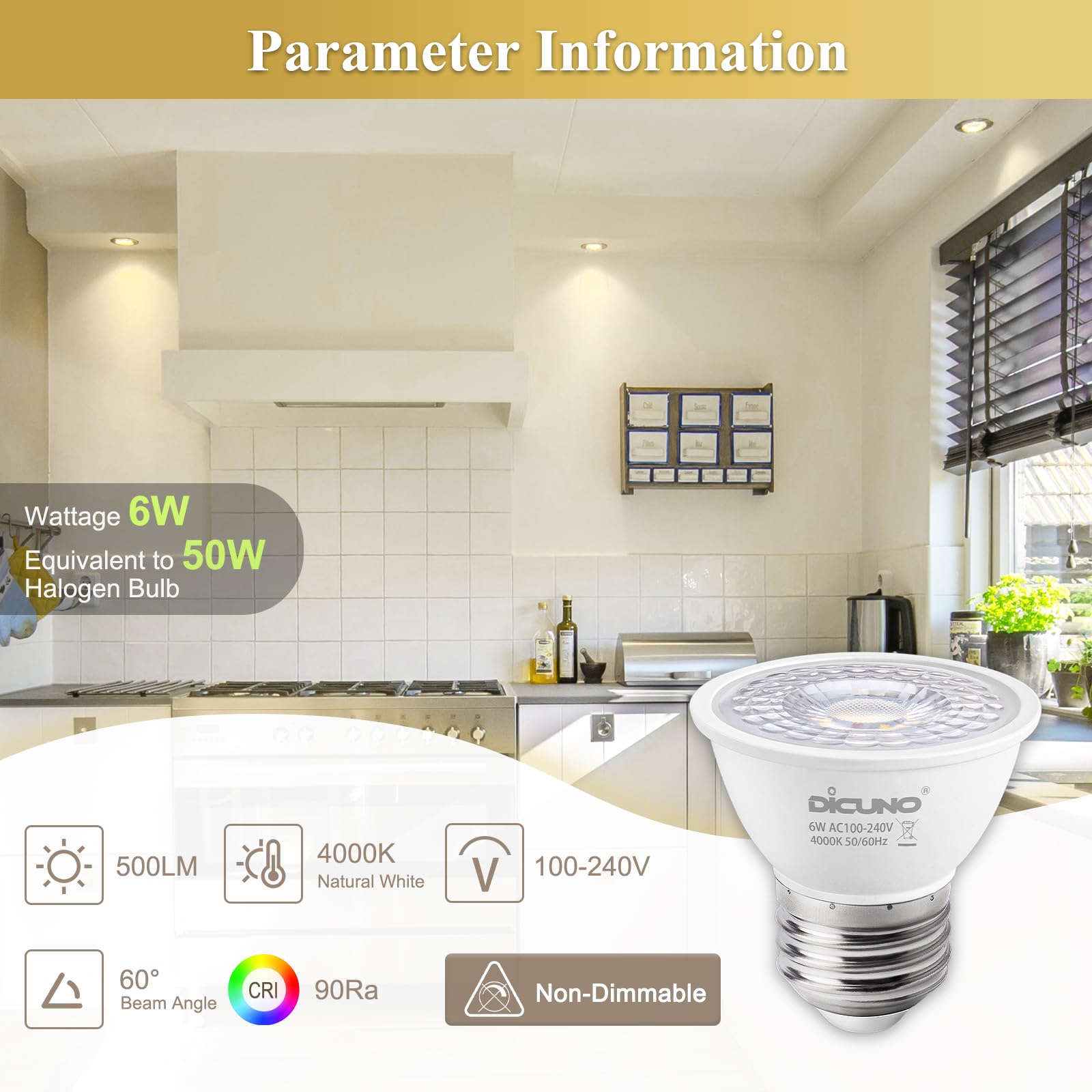 DiCUNO E27 LED Bulb 6W, E27 ES Light Bulbs MR16, Natural White 4000K, 50W Halogen Replacement, 500LM - Image 2