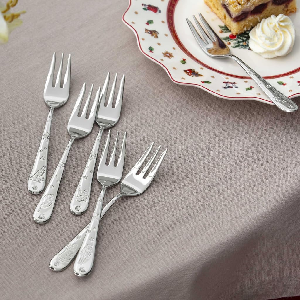 Villeroy & Boch - Toy's Delight set de tenedores para tarta 6 piezas plateado, apto para lavavajillas, Navidad, cubiertos 6 personas, tenedores pequeños postre, acero inoxidable