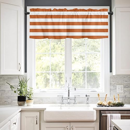 Miniatura 2 de Artwork Store Curtain Valance for Window Kitchen Decor, White Orange Stripes 54" x 18" Window Treatment Curtains Topper Rod Pocket Valances for
