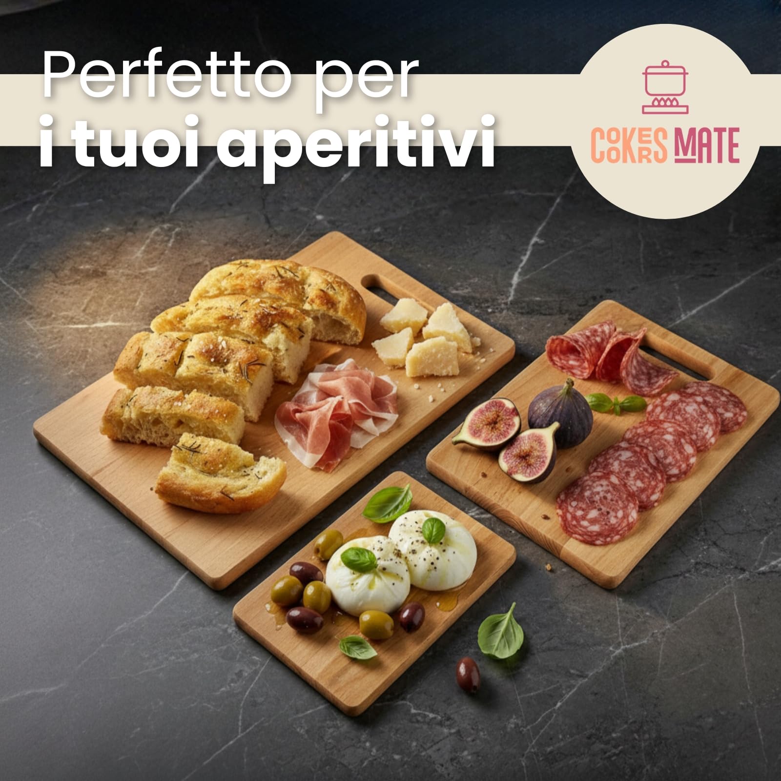 Set di 3 Taglieri in Legno di Faggio, Taglieri da Cucina con Manico, Set aperitivo, Cutting board wood, Made in Europe, 33x22/28x22/22x15 cm