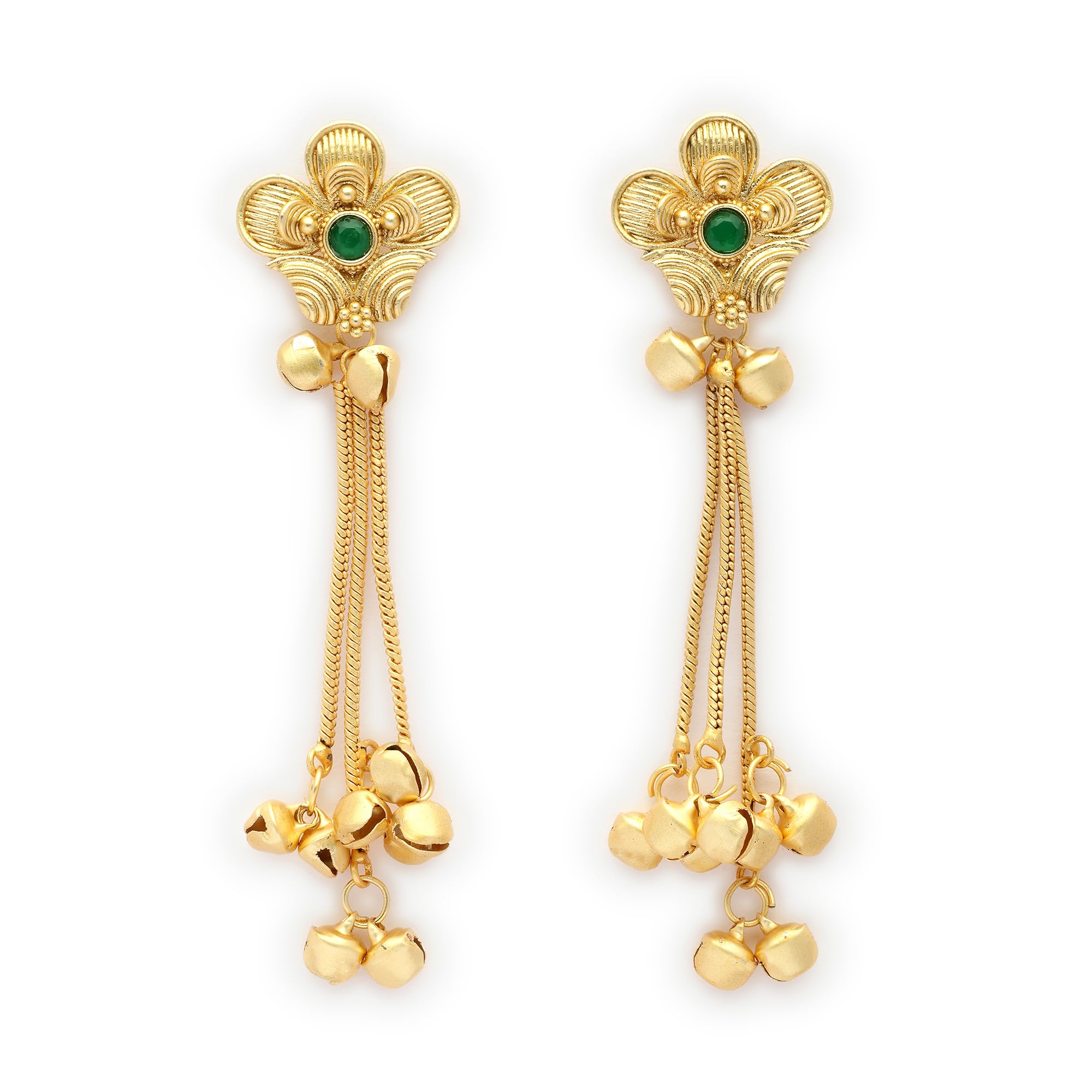 Premium Gold-Plated Latest Fashion Traditional Kashmiri Earrings for Women | Textured Flower Design with Stone Center & Long Chain Ghungroo Tassels Trendy Jewellery for Women & Girls-image-37