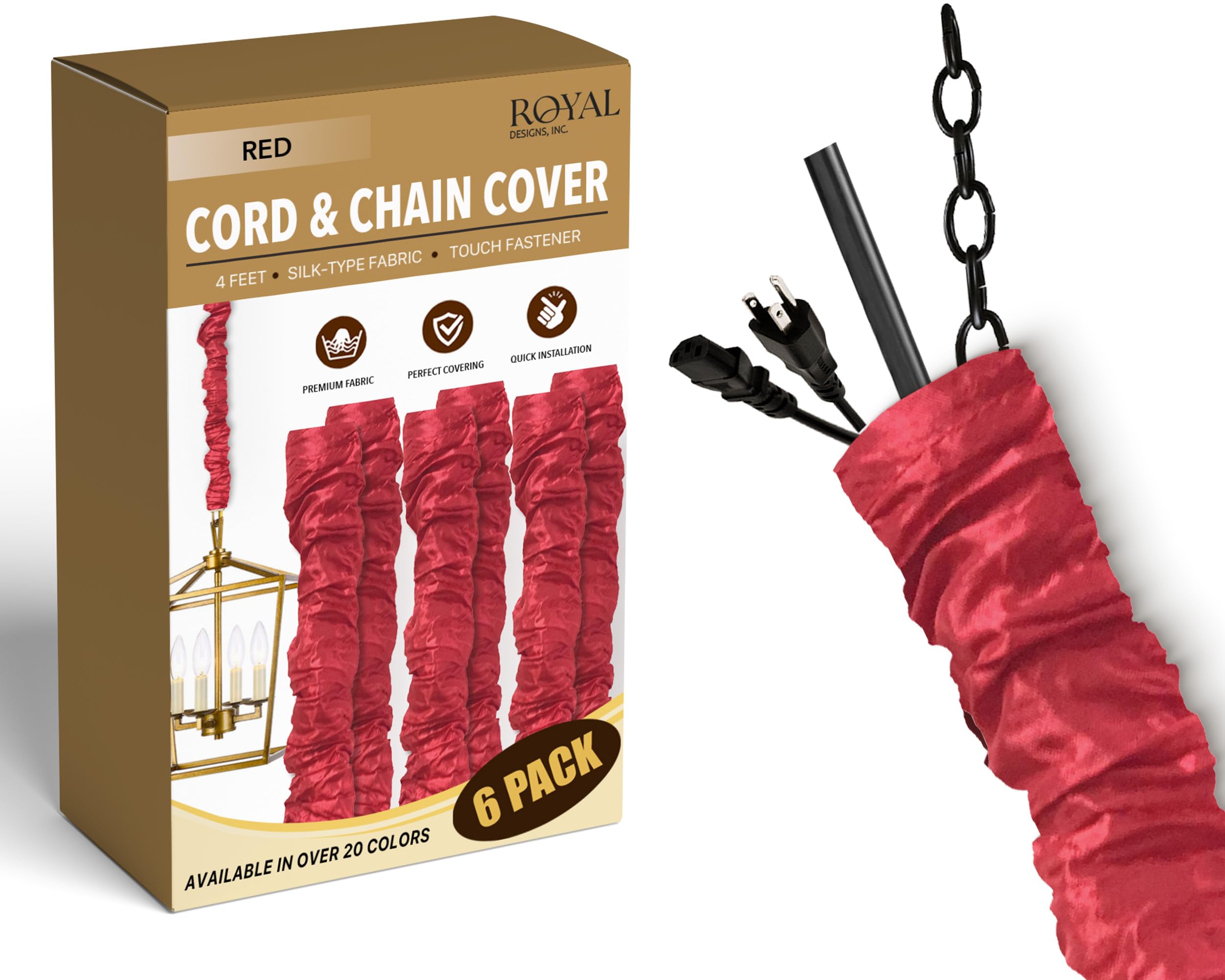 Royal Designs, Inc. Cord &amp; Chain Cover 4 ft Silk Type Fabric, Chandelier Pendant Lighting Chain &amp; Cable Management, Touch Fastener, Red - 6 Pack