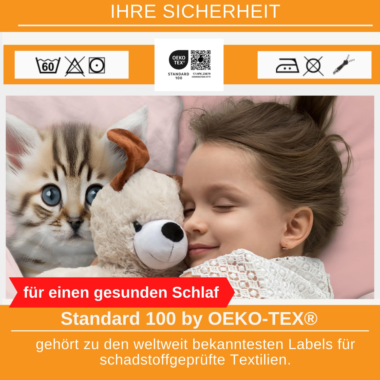 Aminata kids Katzen Bettwäsche 135x200 cm Biber Kinderbettwäsche Katzenmotiv Mädchen warm weich Winterbettwäsche 100% Baumwolle rosa