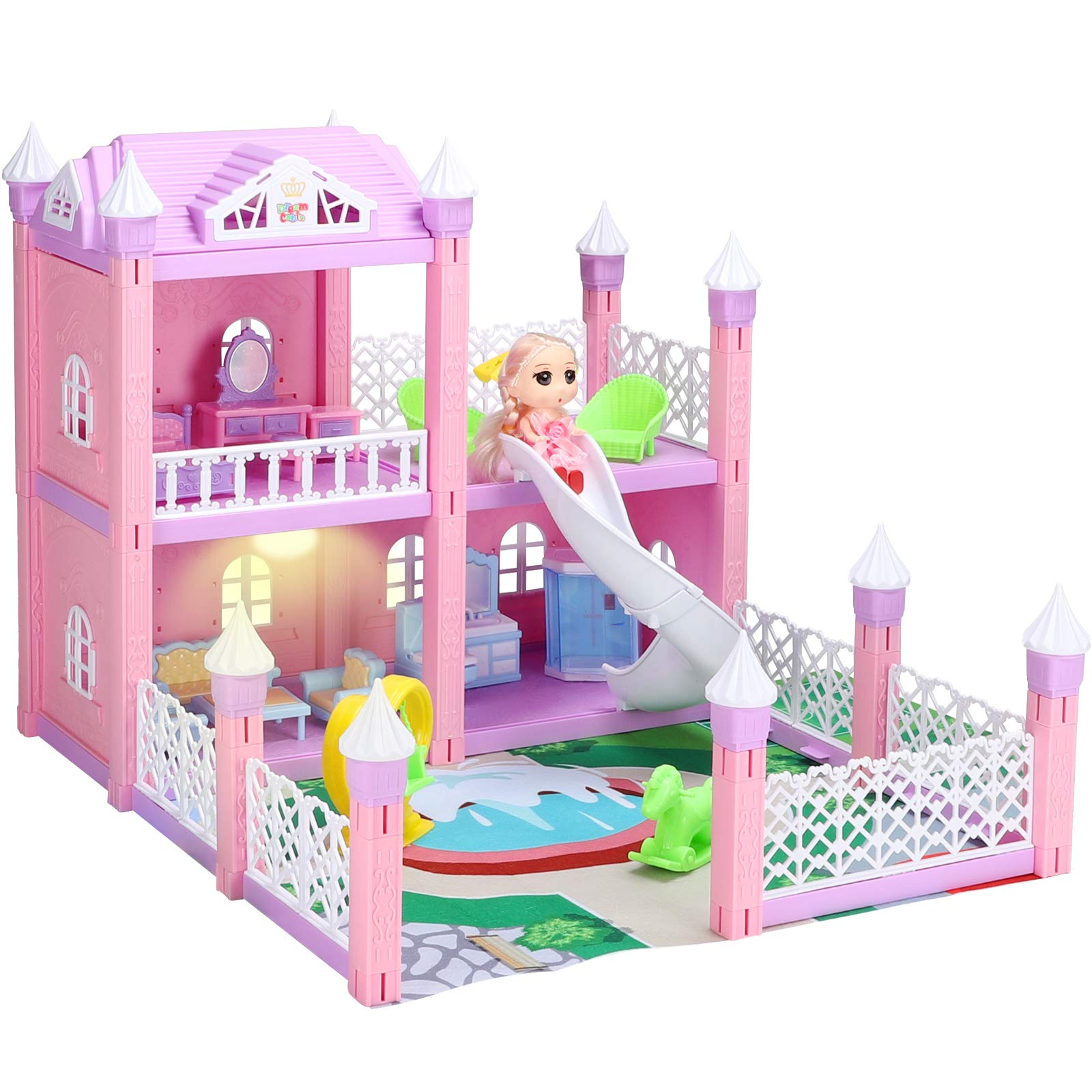 Dollhouse, Dream House Kit with Led Luminous DIY Pretend Play Doll House Building Toys Playset Accessories with Furniture/Dolls/Pets/Slide for Toddlers Girls Best Gifts