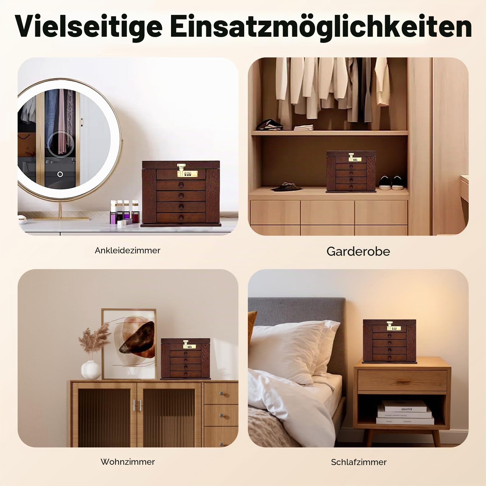 Schmuckkasten aus Holz, Vintage Schnitzerei Schmuckschatullen mit Spiegel und Passwortsperre, 5 Ebenen 4 Schubladen Schmuckkoffer für Armbänder Halskette Ringe
