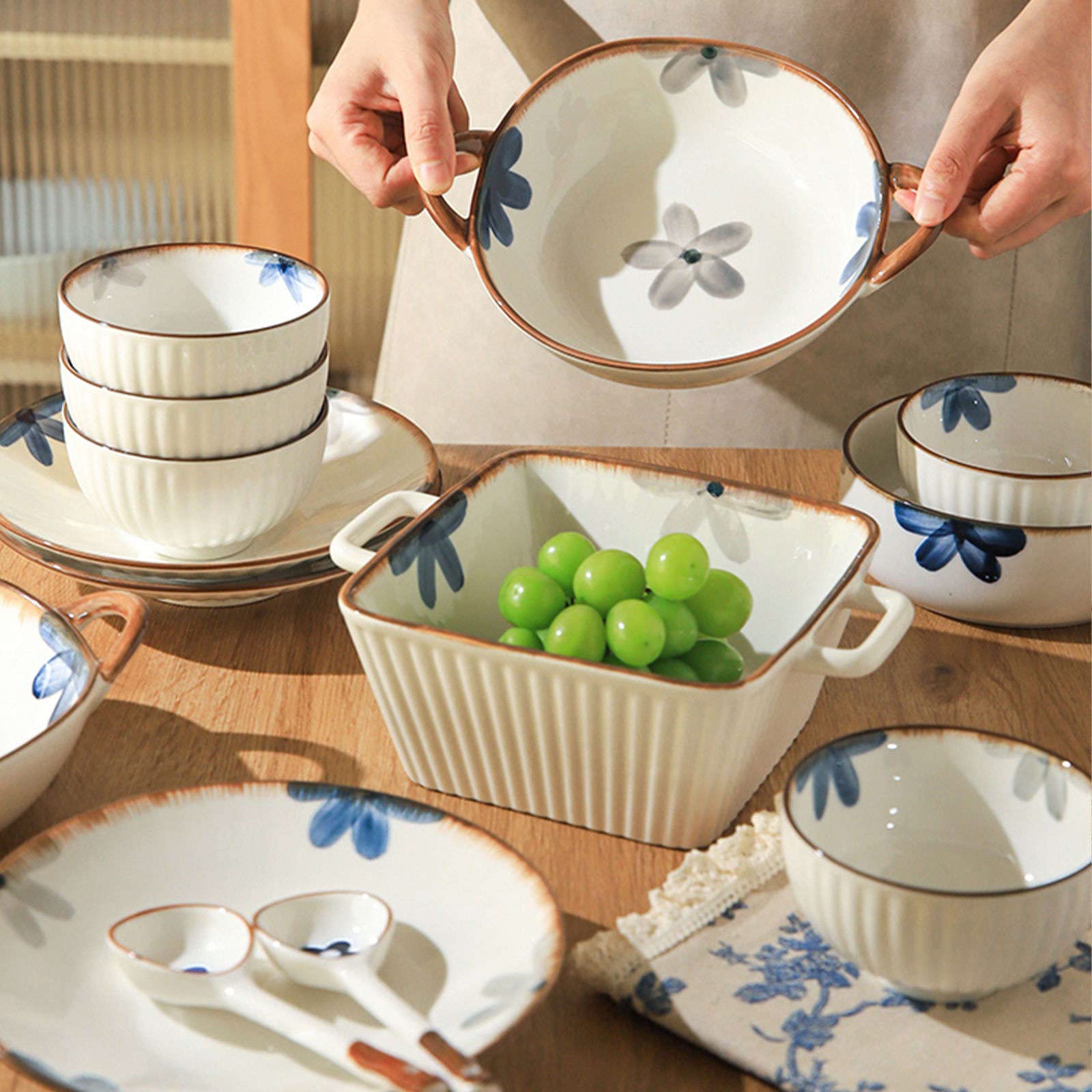 Zestaw ceramicznych misek do zupy i sałatki, nadają się do kuchenki mikrofalowej, miski Udon i Ramen, duży, prostokątny design, do Pho, wszechstronne naczynia kuchenne, 22 x 18 x 8 cm