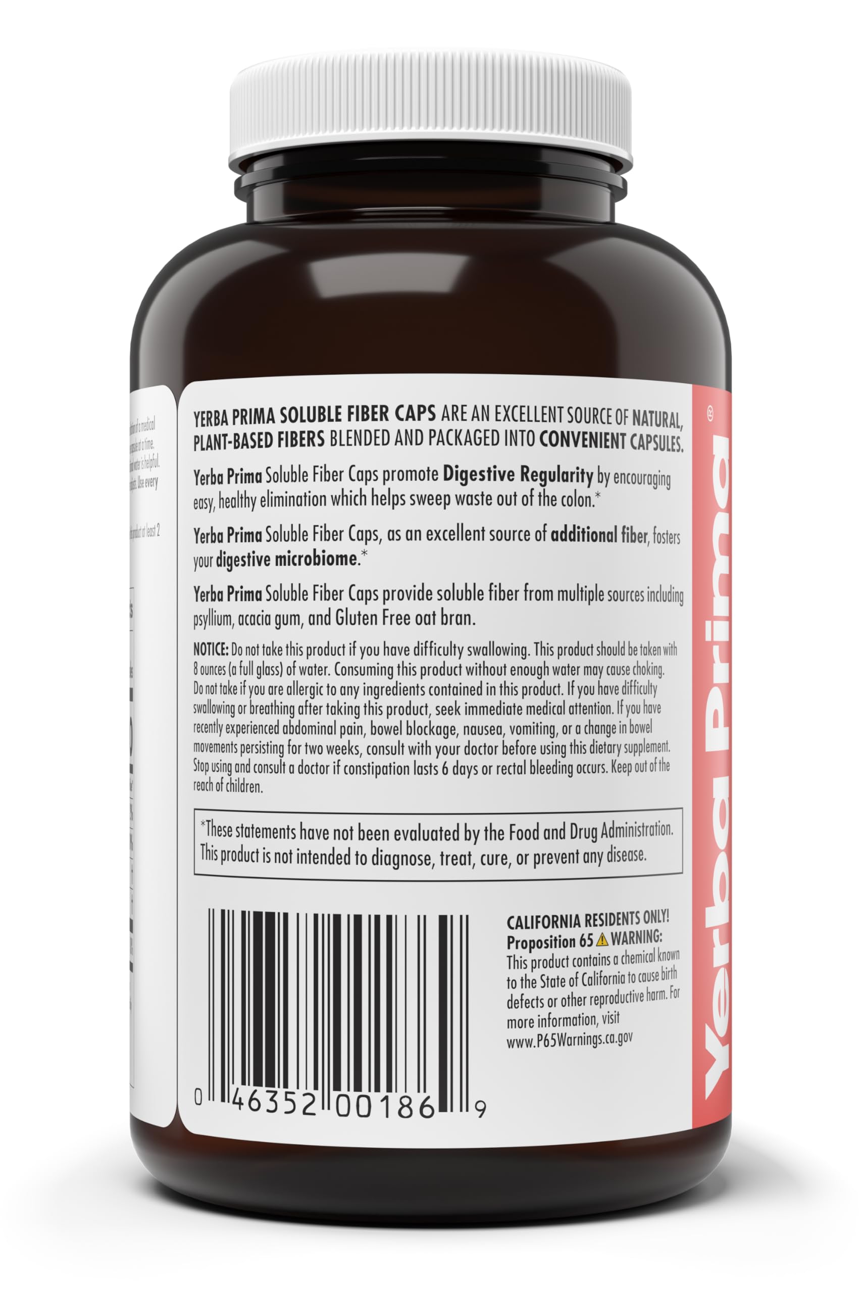 Yerba Prima Soluble Fiber Formula Capsules, 180 Count - Premium Dietary Fiber Supplement, Natural, Concentrated Soluble Fiber, Gluten Free, Non-GMO, Made in USA — Amazon image 3