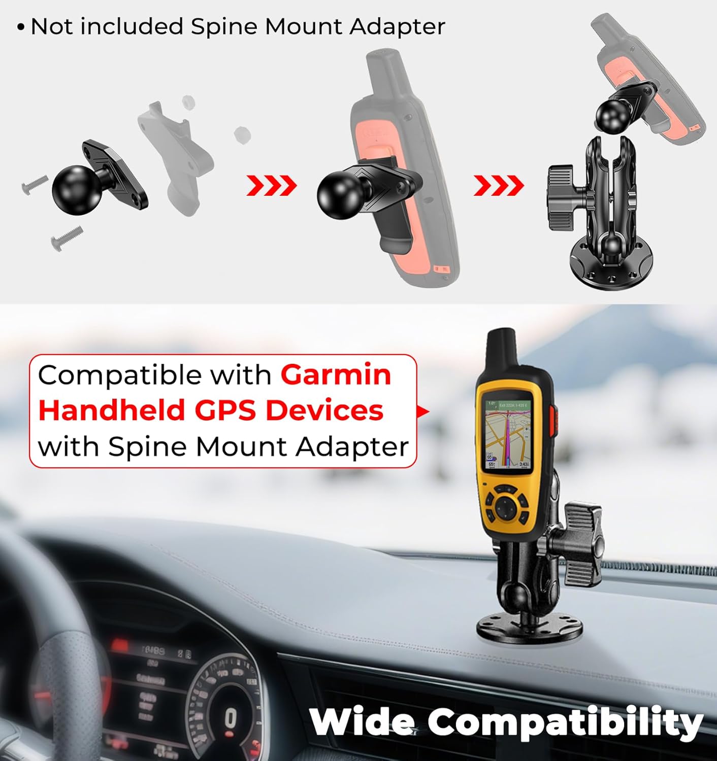 Aluminum Alloy 1" Ball GPS Mount with Industry Standard AMPS Hole Diamond Plate & Round Base, 3.5" Medium Arm for Garmin Handheld Navigation Device, Compatible with RAM Mounts Spine Mount Phone Holder