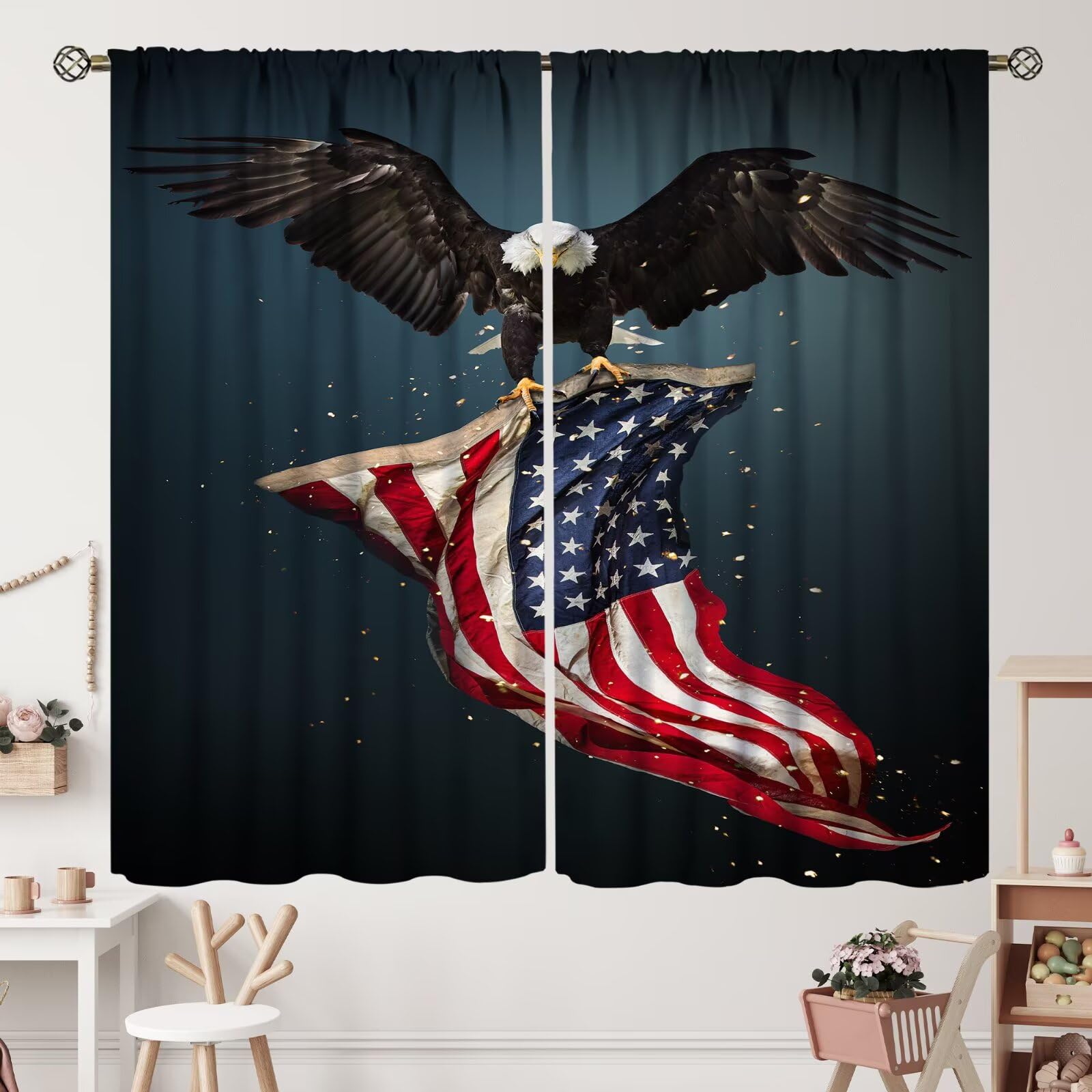 ZhiRain American Flag Curtains Fourth of July Independence Day, Flying Bald Eagle Curtain with Rod Pocket for Bedroom Living Room Decor Drapes Window