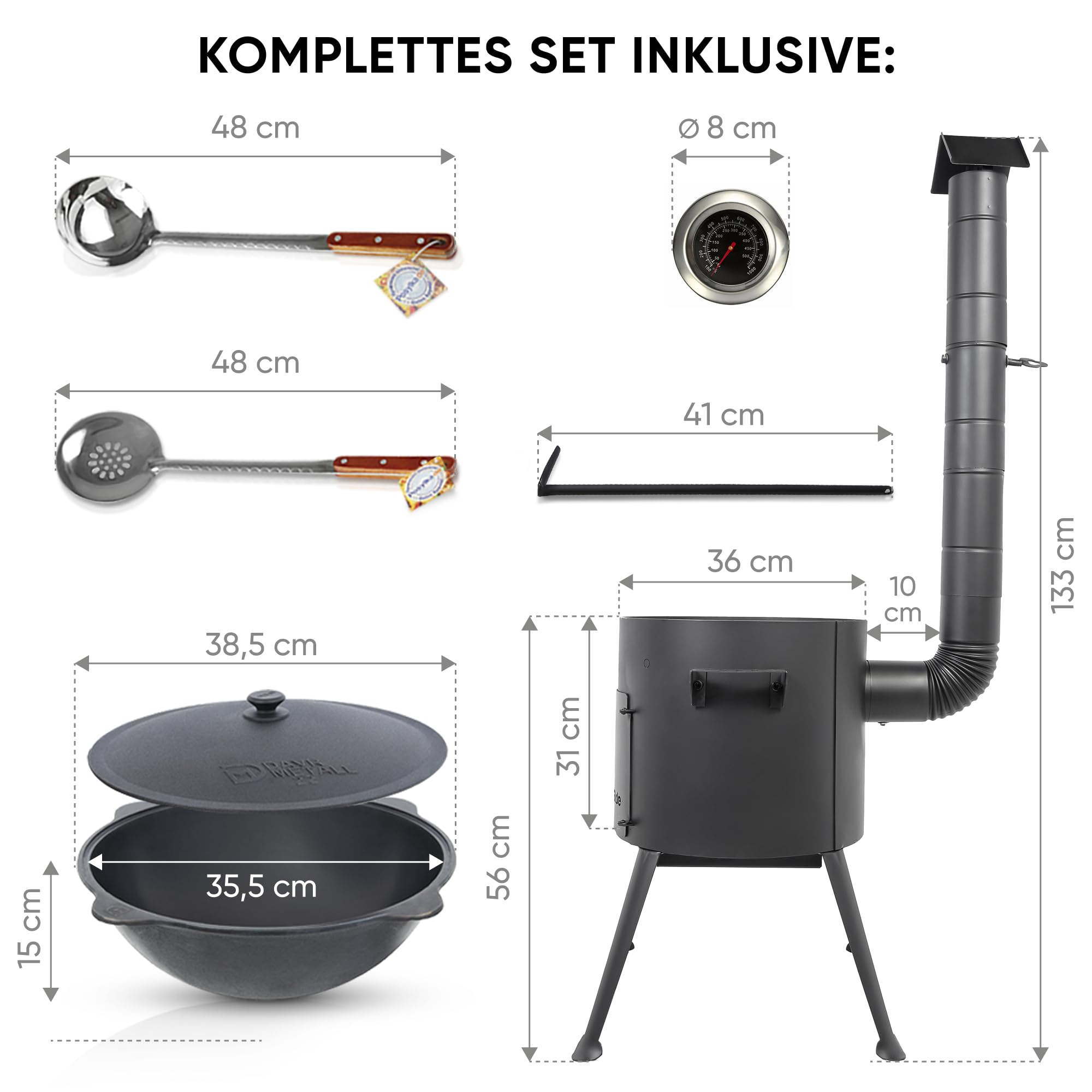 Set - Usbekischer Gusseisen Kasan 10 L runder Boden, Deckel aus Aluminiumguss Schaumlöffel für Plov, Schöpfkelle, Thermometer (294)