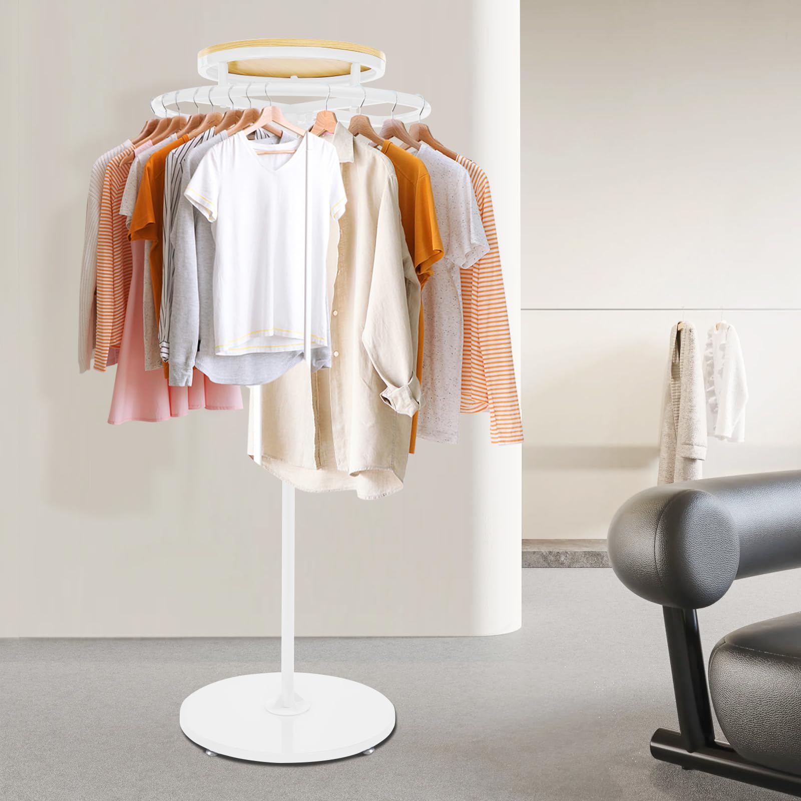 Appendiabiti rotondo girevole con piastra in legno, rotazione a 360 gradi, struttura in metallo, ampia superficie di appoggio, regolabile in altezza, per negozi di abbigliamento, boutique