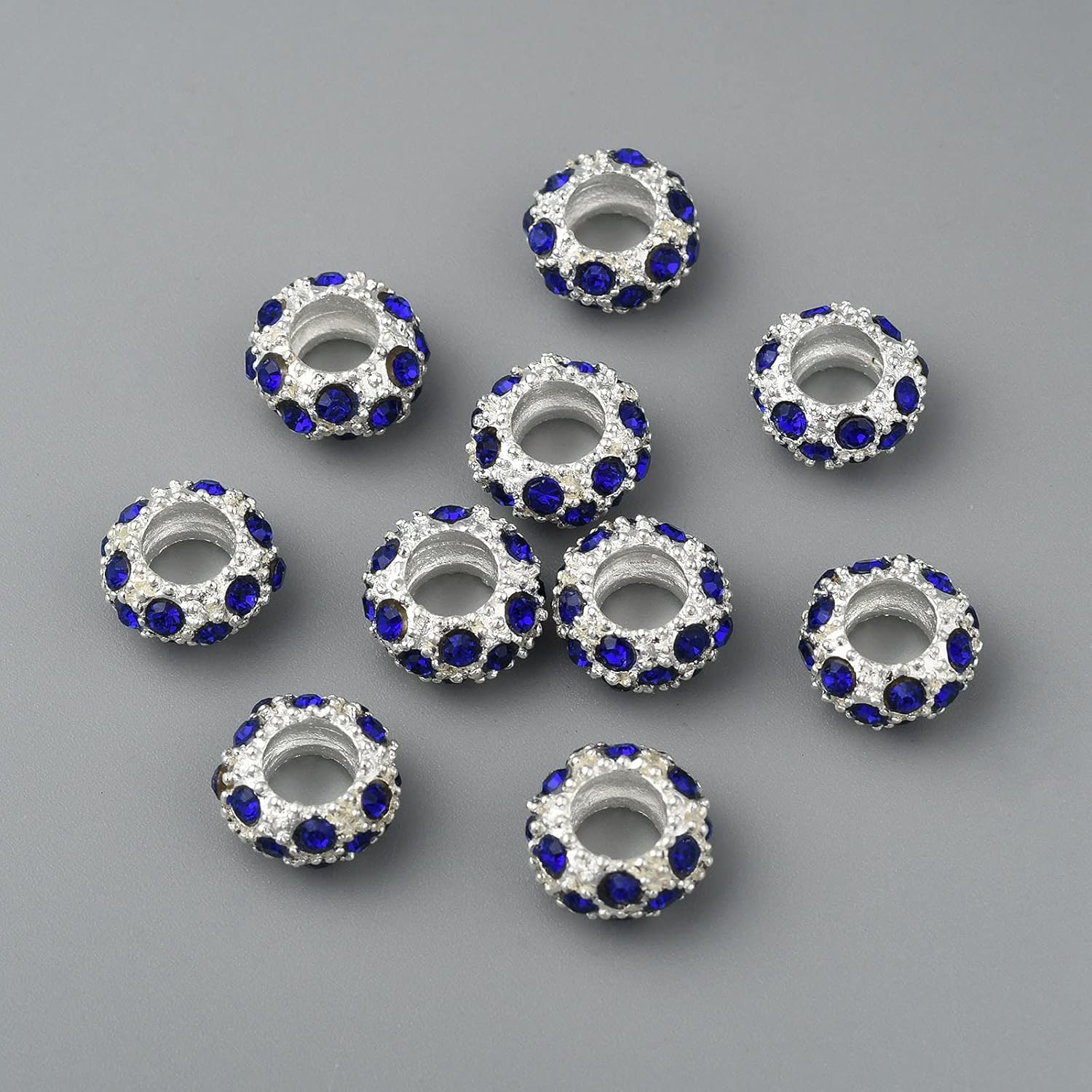 Craftdady 100pcs Rhinestone European Beads Silver Rondelle Large Hole Spacer Beads 11x6mm for Macrame Leather Braided Jewelry Necklace Bracelet Making, Blue (5mm Hole)