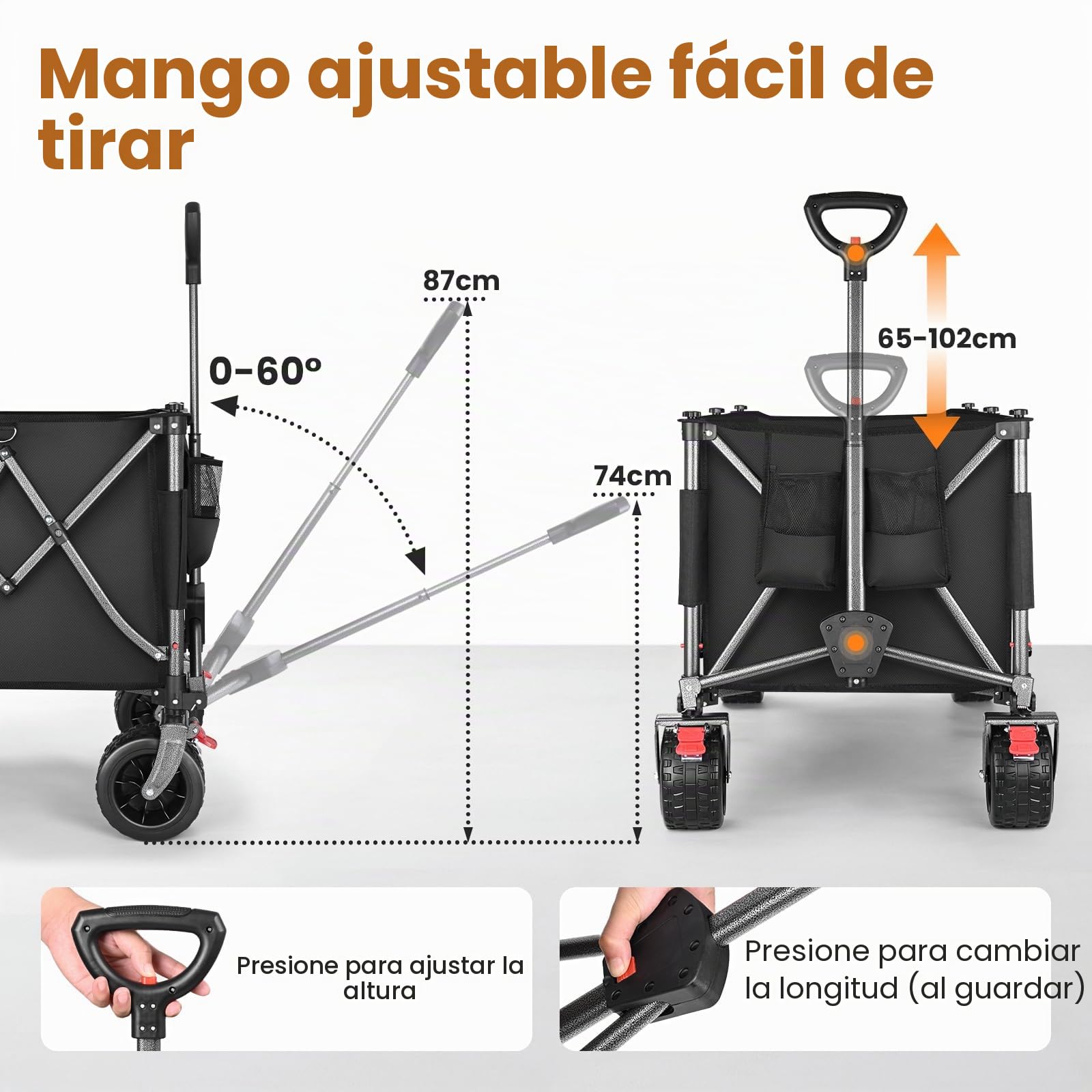 YEAUPE PRO XXXL Carro Playa Ruedas Grandes 200kg/260L – Frenos Dobles, Ruedas Anchas, Estructura Reforzada, Mango Ajustable, para Playa y Camping – Red elástica incluida, Negro Carbón