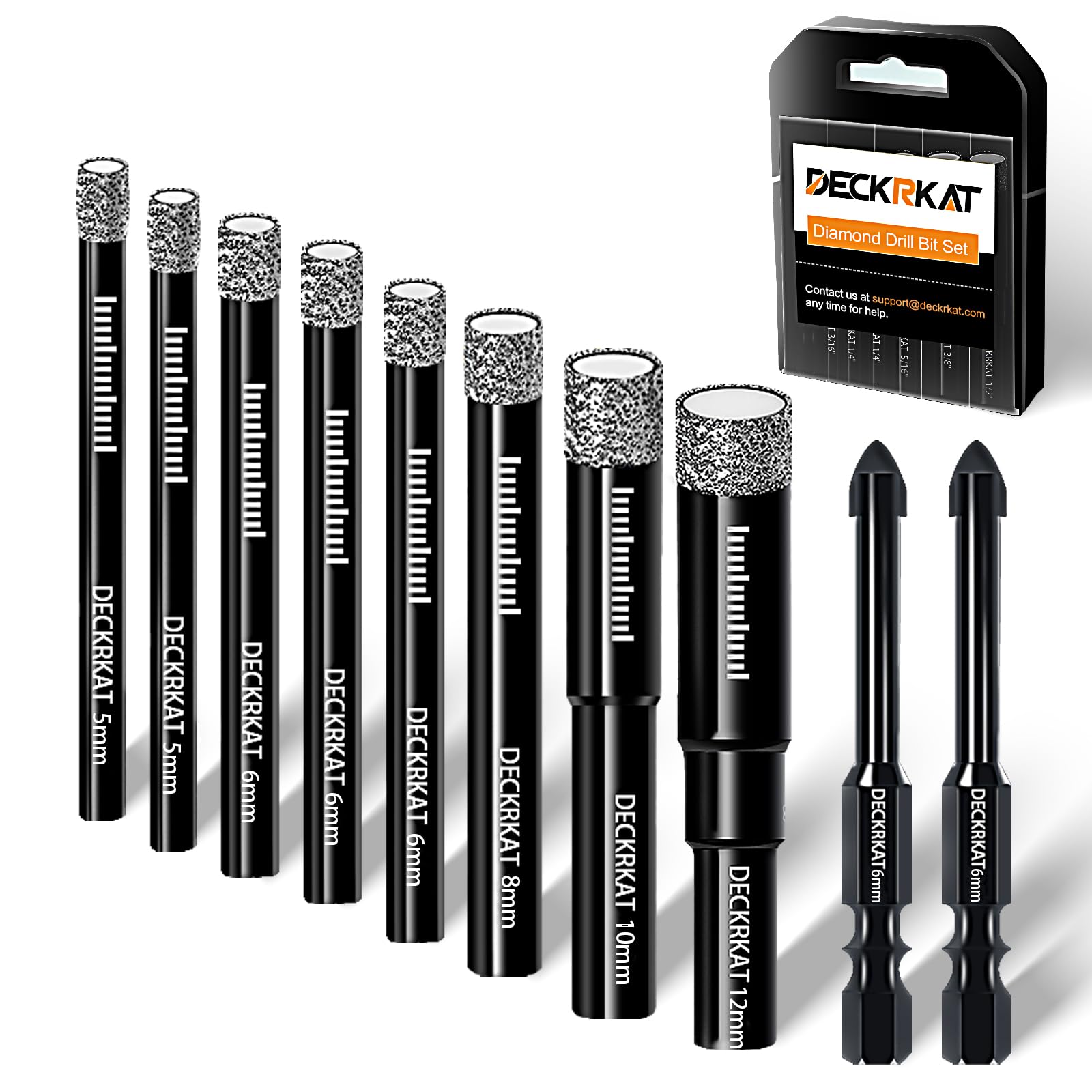 DECKRKAT 10-teiliger Satz Trocken-Diamantbohrer & Fliesenbohrer – 5mm(x2), 6mm(x3), 8mm, 10mm, 12mm + 6mm (x2) Steinbohrer für Fliesen, Keramik, Porzellan, Marmor, Granit.