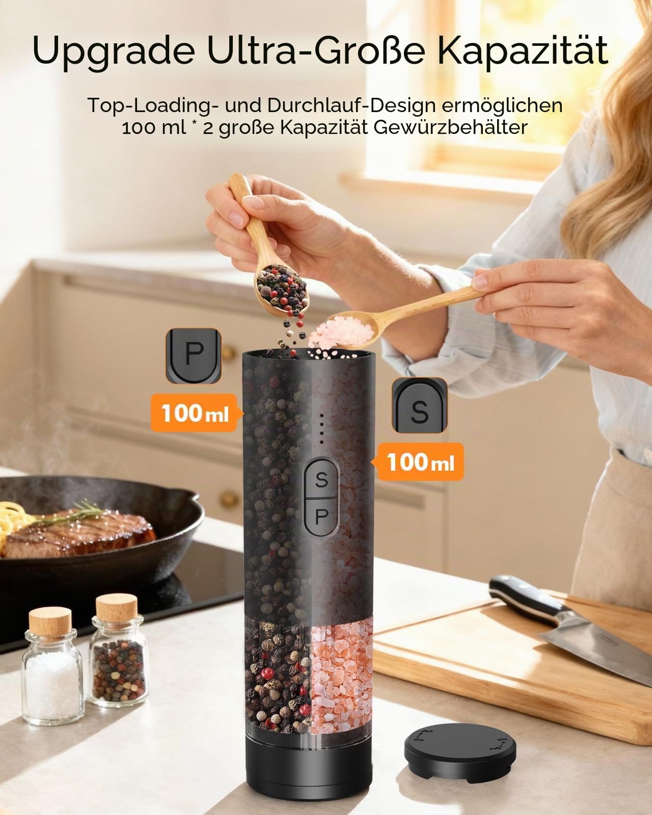 AMOSA Salz und Pfeffermühle Elektrisch, 2-in-1 Doppelbehälter USB Aufladbar, Nachfüllbar Automatisch Pfeffer Und Salzmühle mit LED-Licht, Dual Keramikmahlwerk, Einstellbare Mahlgradstärke, Schwarz