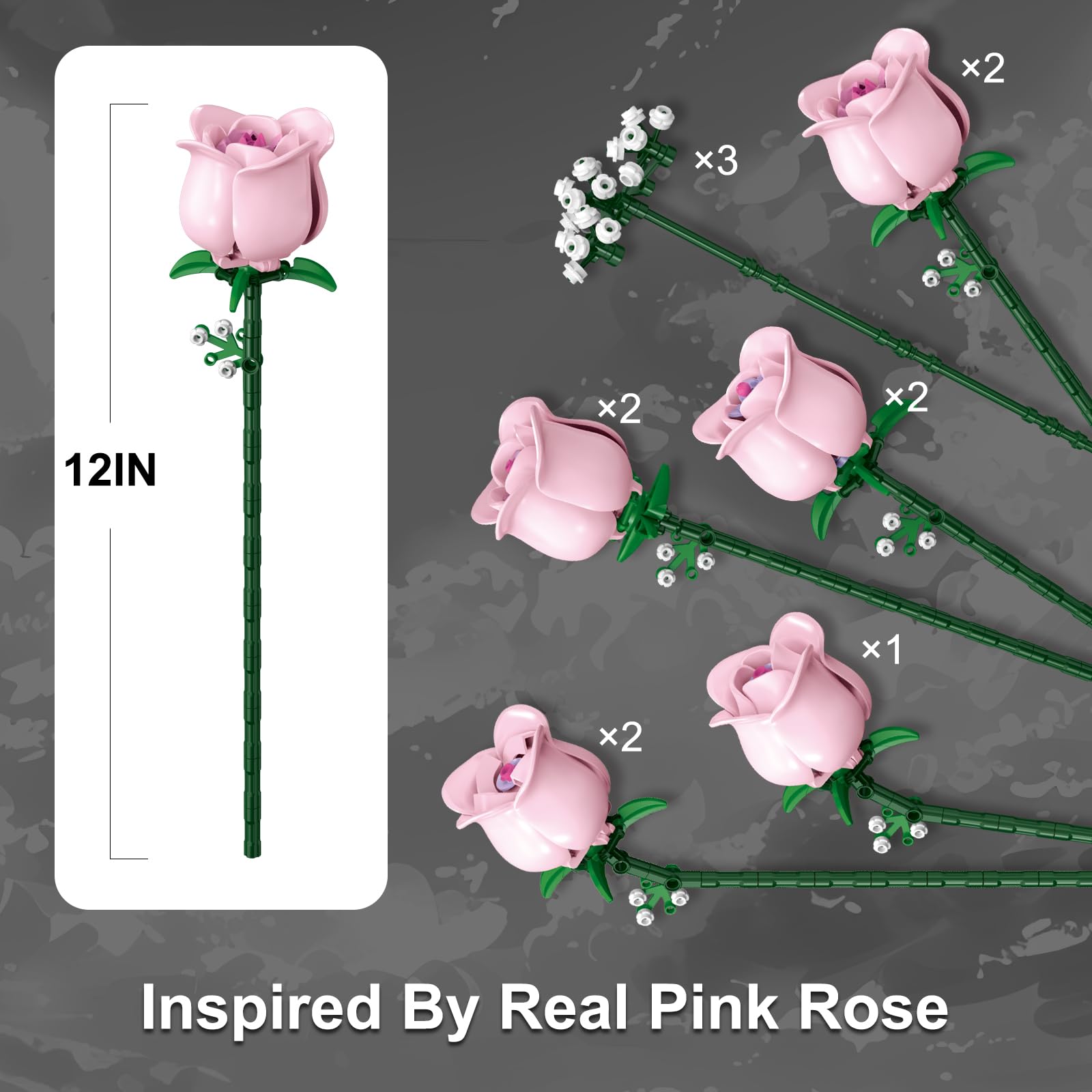 Rosa Rosen Blumenstrauß Klemmbausteine mit Schleierkraut, Künstliche Blumen Botanische Kollektion, Geschenk für Frauen zum Muttertag, Ästhetische Raumdeko