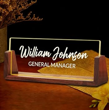 Ship Next Day Custom Name Plate for Desk, Acrylic Office Desk Accessories | Desk Name Plate Personalized with LED Walnut Frame, Appreciation Gifts for Boss Employee Coworker Teacher Women Men Classic