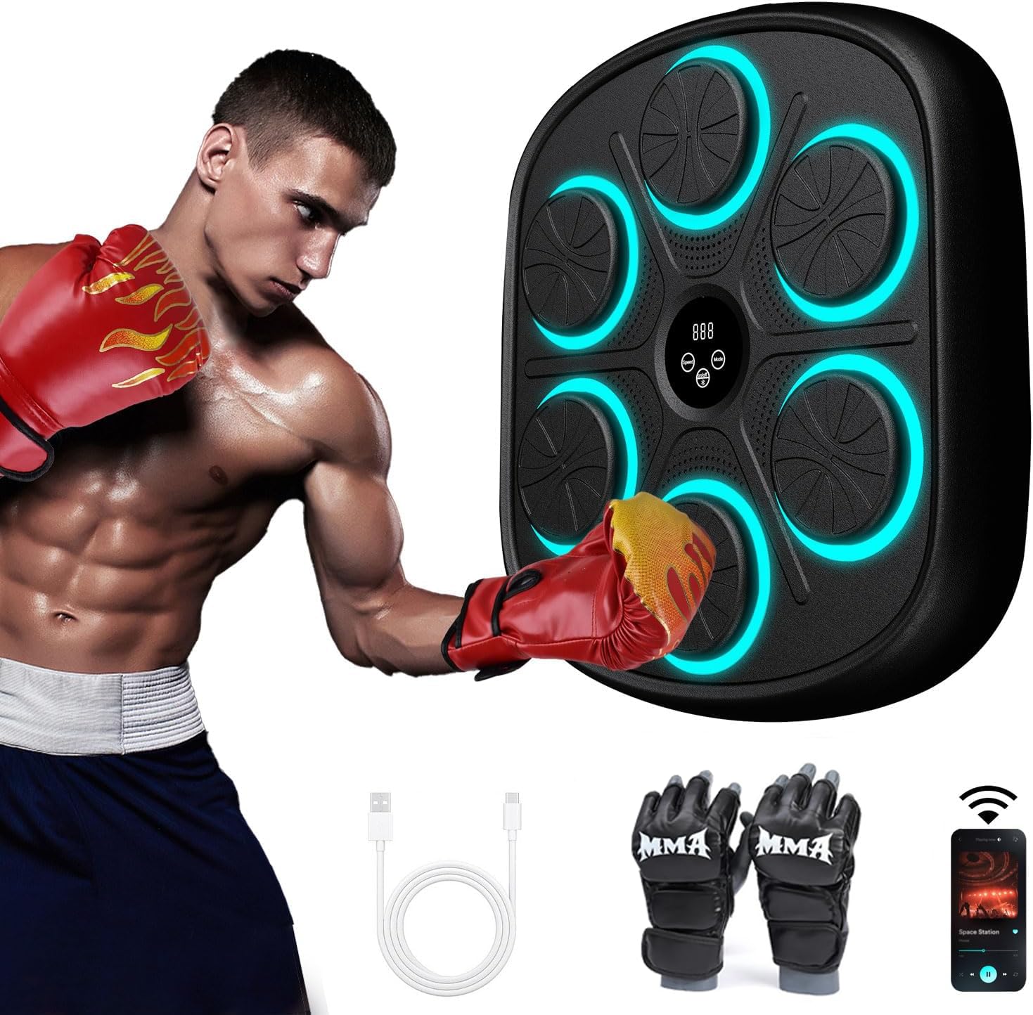 Maquina Boxeo Musical Pared 9 Velocidades, Fácil Instalación Sin Taladros, Conexión Bluetooth, Recuento de Golpes, Luces al Ritmo de la Música, Incluye Guantes