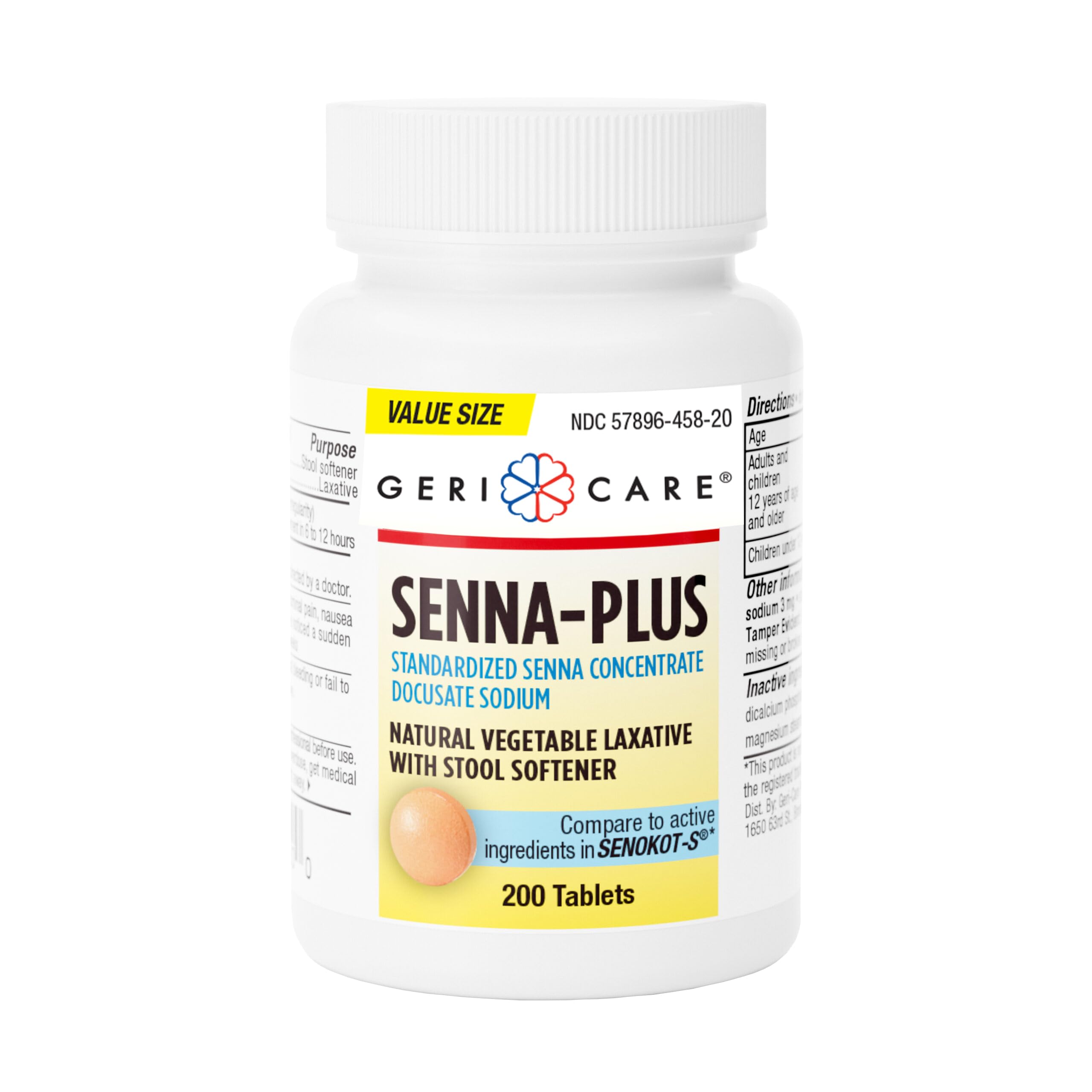 GeriCare Senna Plus Natural Laxative with Stool Softener, Docusate Sodium 50mg, Sennosides 8.6mg, 200 Tablets (Pack of 1)