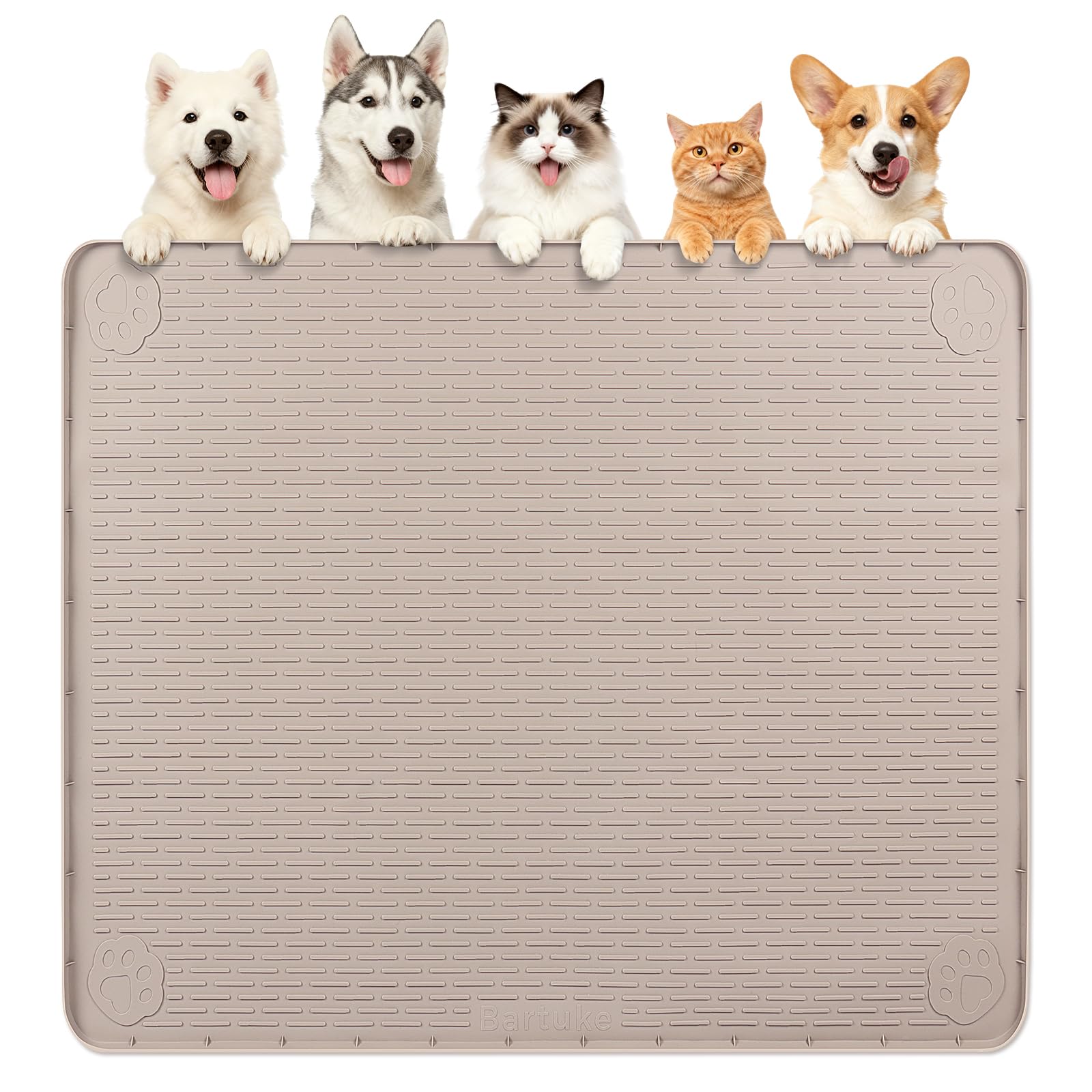 Bartuke Dog Food Mat, Extra Large 40" x 40" Silicone Pet Feeding Mat with Raised Edge Pet Placemat for Small, Medium, and Large Pets Non-Slip, Easy to Clean (Khaki)