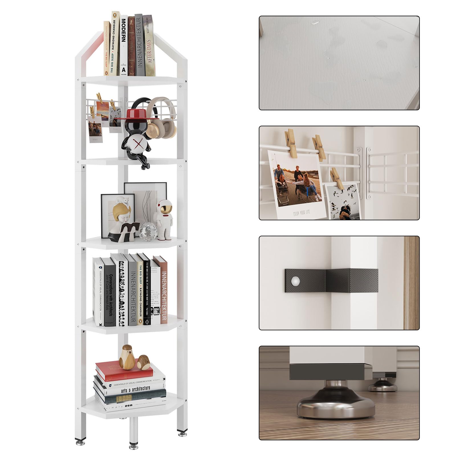 YMYNY Scaffale angolare a 5 ripiani, altezza 176 cm, scaffale multiuso per piante, per soggiorno, bagno, cucina, camera da letto, ufficio, stile industriale bianco HBR006W