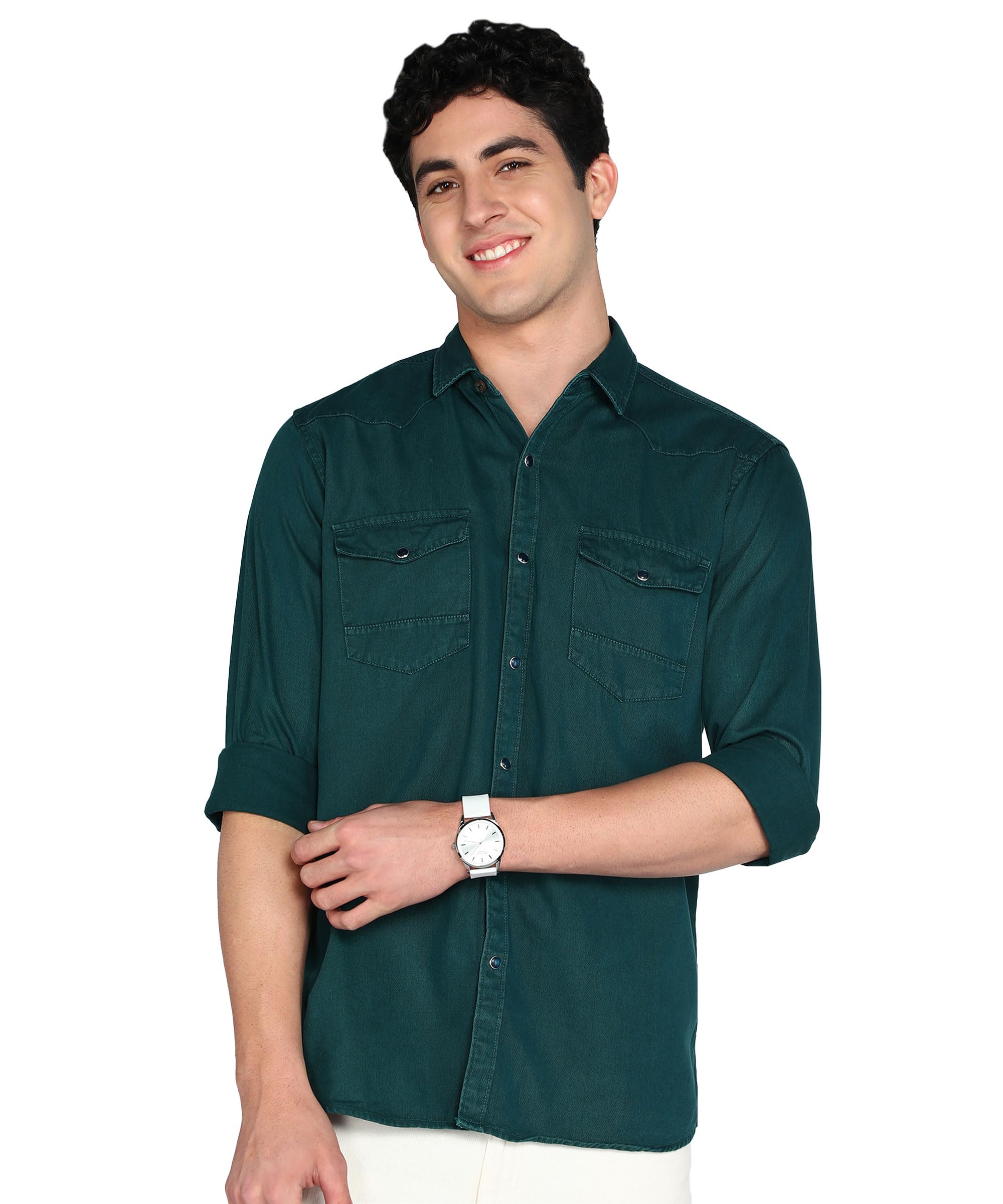 Kuons Avenue Men's Teal Green Double Pocket Denim Shirt | Cargo Shirt | Western Denim Shirt