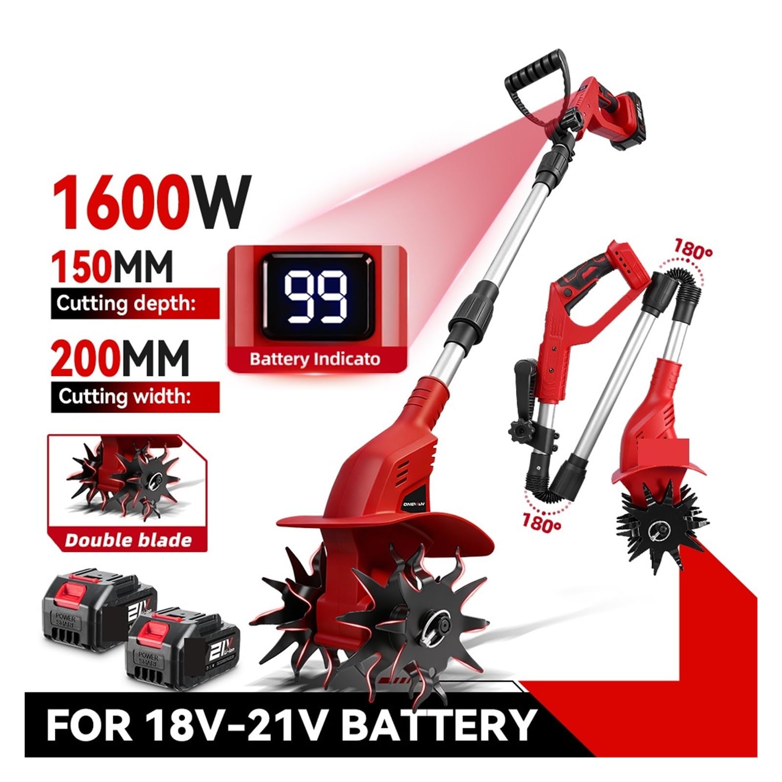 Bezszczotkowy Elektryczny Glebogryzarka 1600W Kultywator Kosiarka Akumulatorowa Wertykulator Narzędzia Ogrodowe Na Pin Akumulatora DużA Moc(2Battery 1EU Charger)