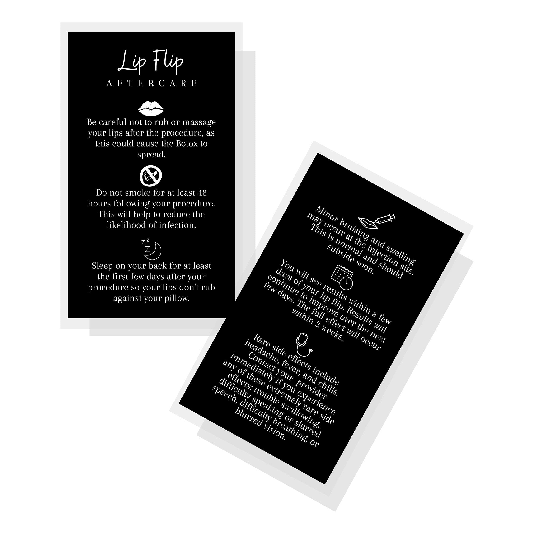 Lip Flip Aftercare Card | 50 Pack | Physical Printed 2x3.5” inches Business Card Size | Lip Filler Injections | Black with White Design