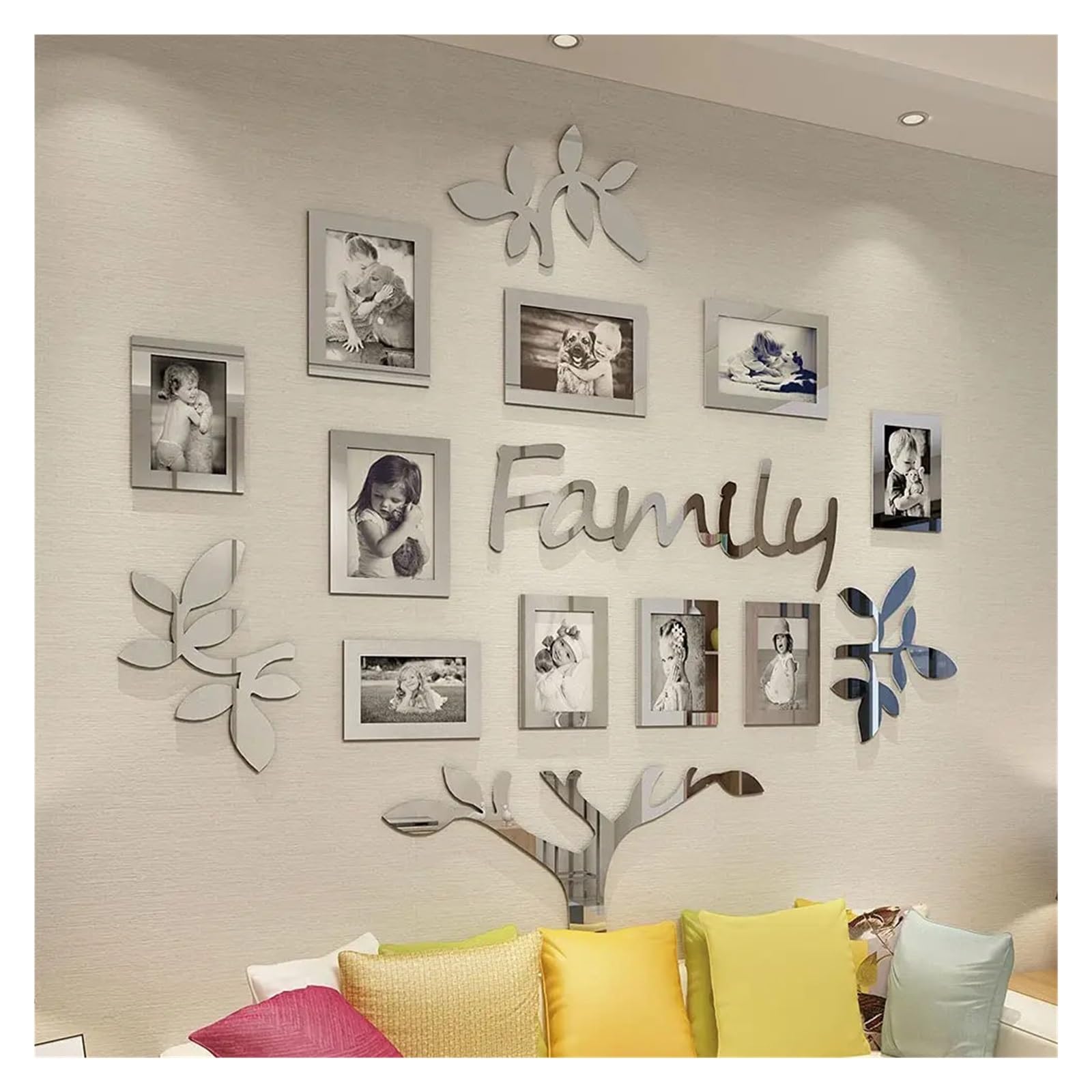 Bylyuivn Silver Wall Stickers 3D Family Photo Tree Wall Stickers For Living Room Diy Photo Frame Tree Mirror Decal Home Decorative Art Wall Decals(,M 117Cmx 119Cm)