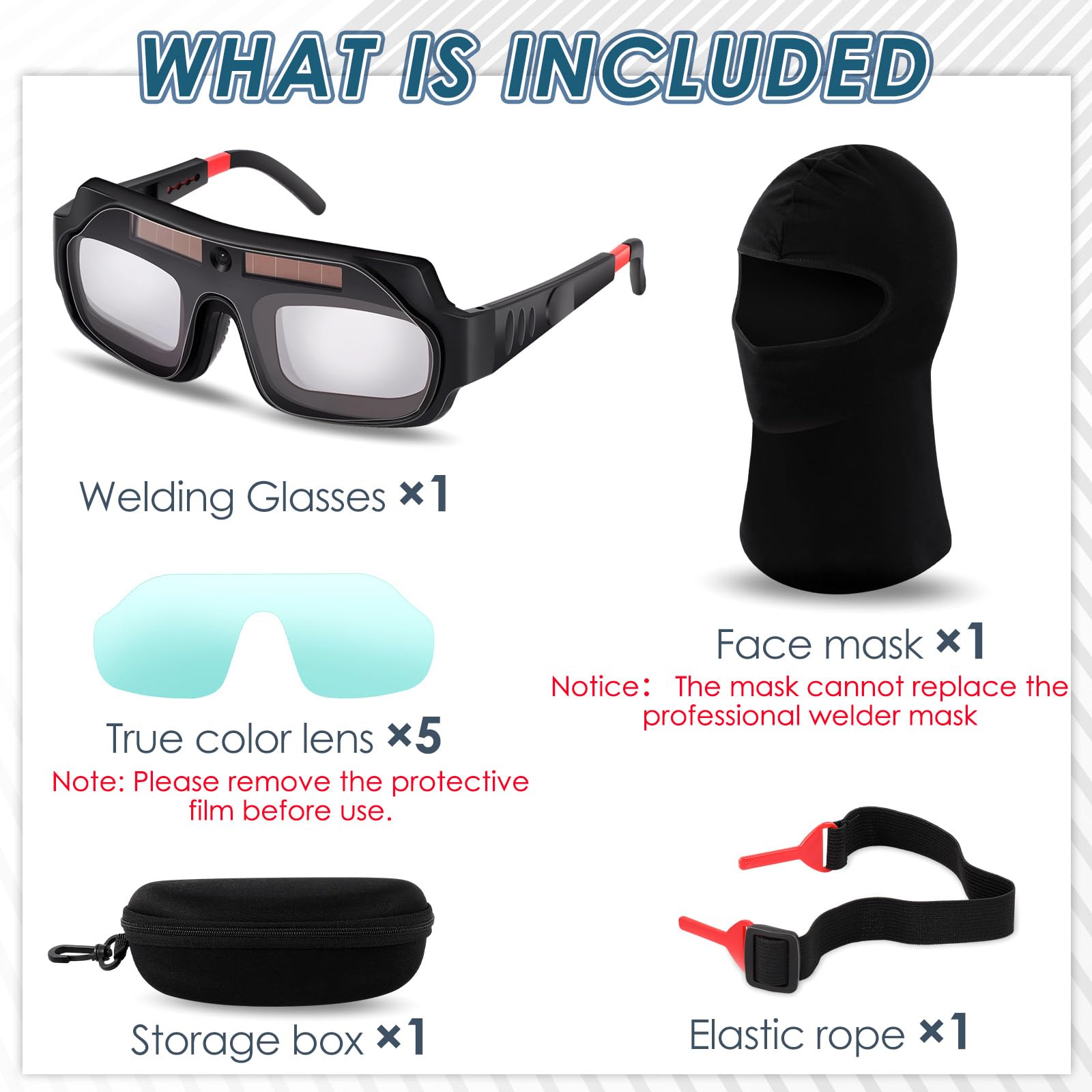 Tellegloww 1 juego de gafas de soldadura solar, gafas de soldadura con oscurecimiento automático, máscara de casco con lentes de repuesto (lentes de color real)