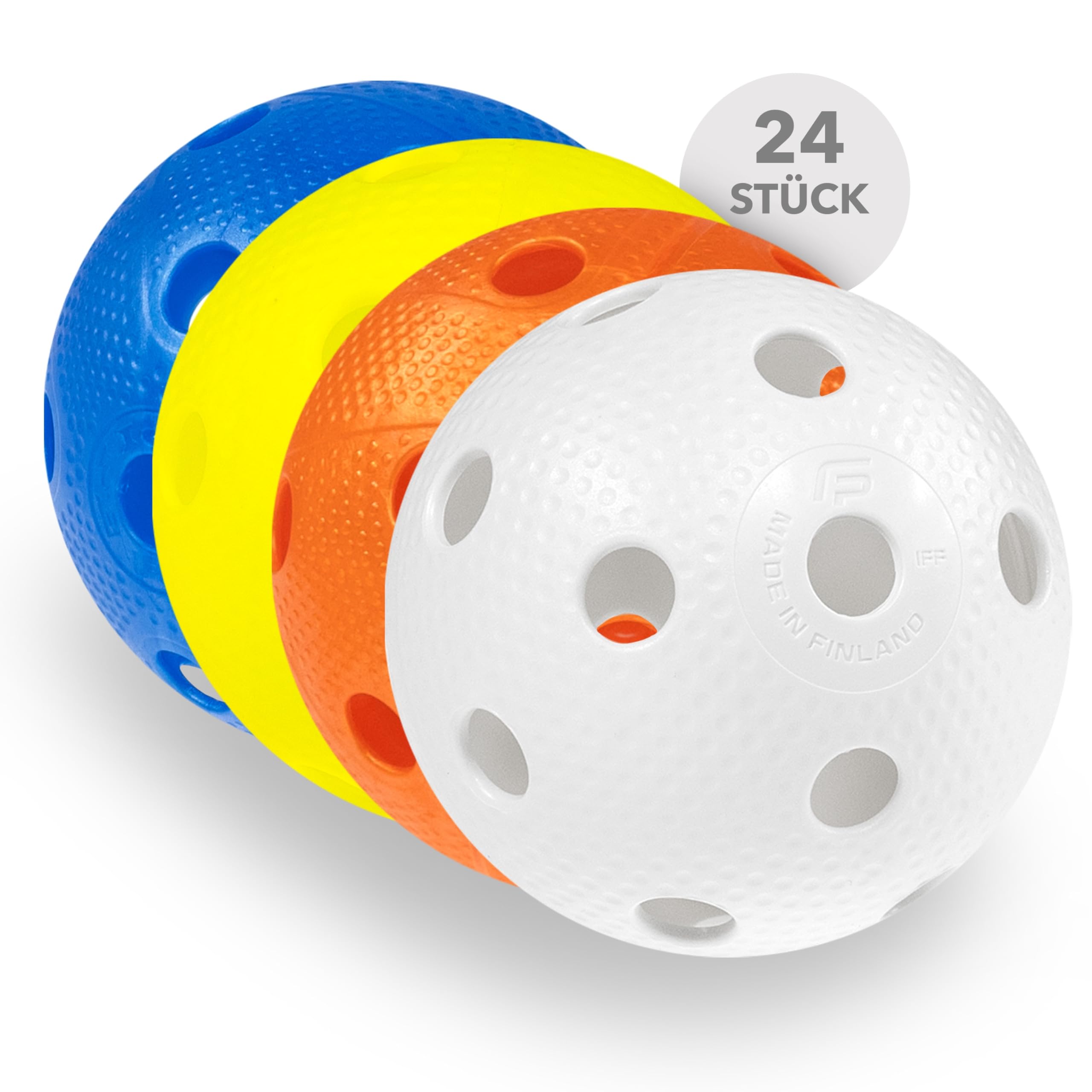 FAT PIPE | Floorball Unihockey Ball Set de 24 balles | Fat Balls | Mélange de couleurs | Ballon d'entraînement de compétition avec certificat IFF pour une qualité certifiée