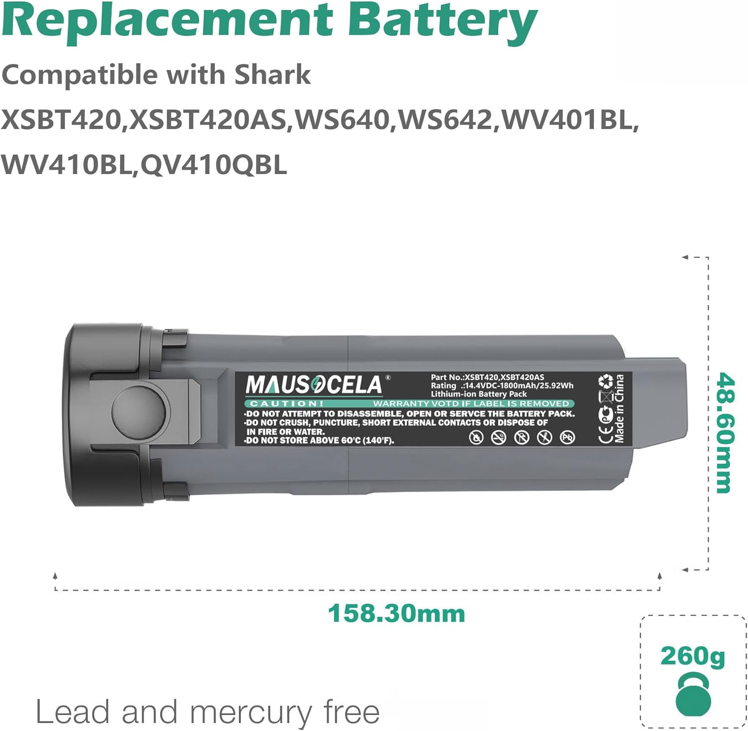 1800mAh XSBT420 Replacement Battery, Compatible wiith Shark WS640, WS640AE, WS642, WS642AE, WV401BL, WV401PK, WV403BR Cordless Vacuum Cleaner Battery