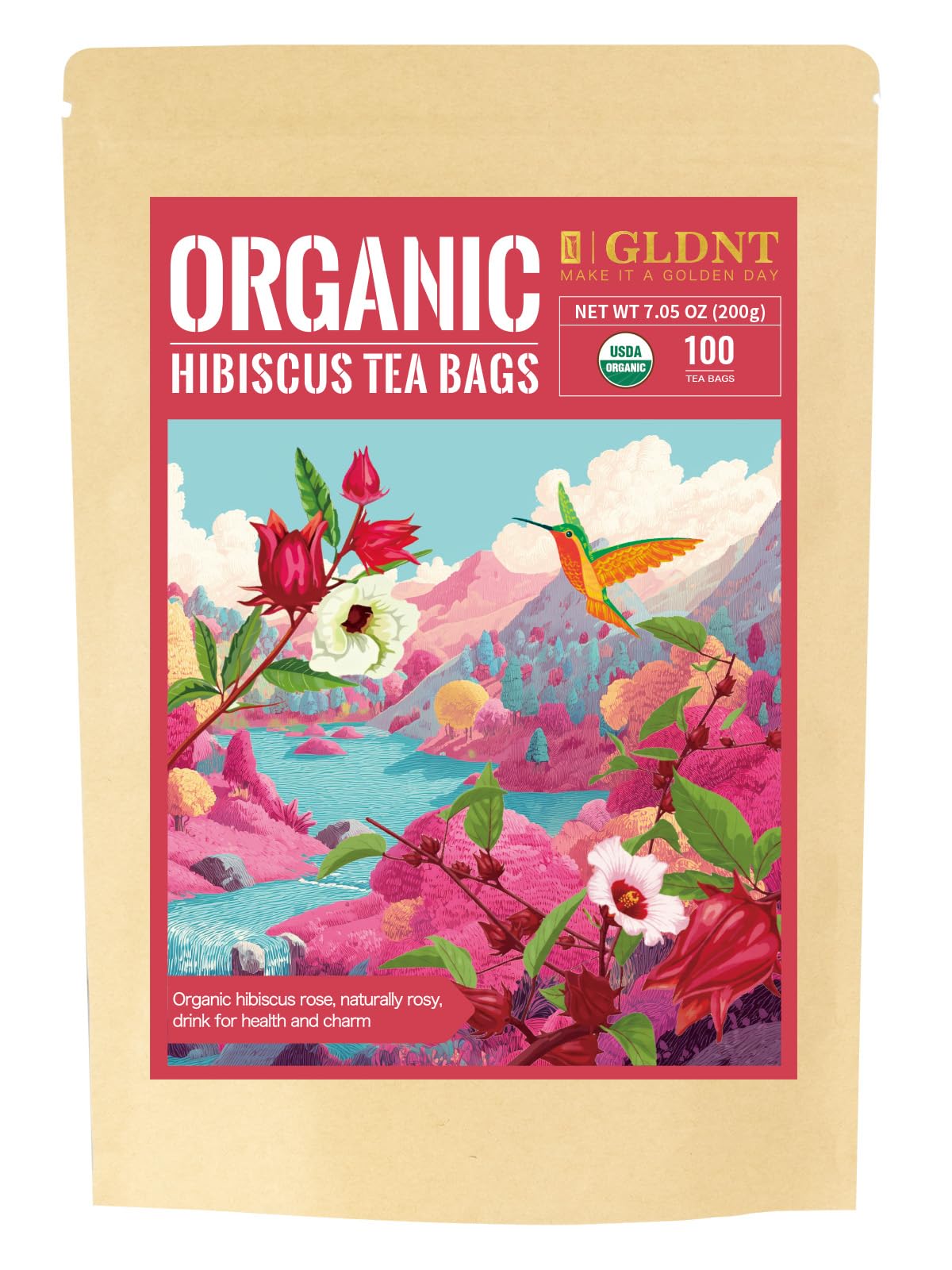 GLDNT Organic Hibiscus Tea Bags, Caffeine Free, Natural Flowers, Refreshing Tart Flavor, 100 Count