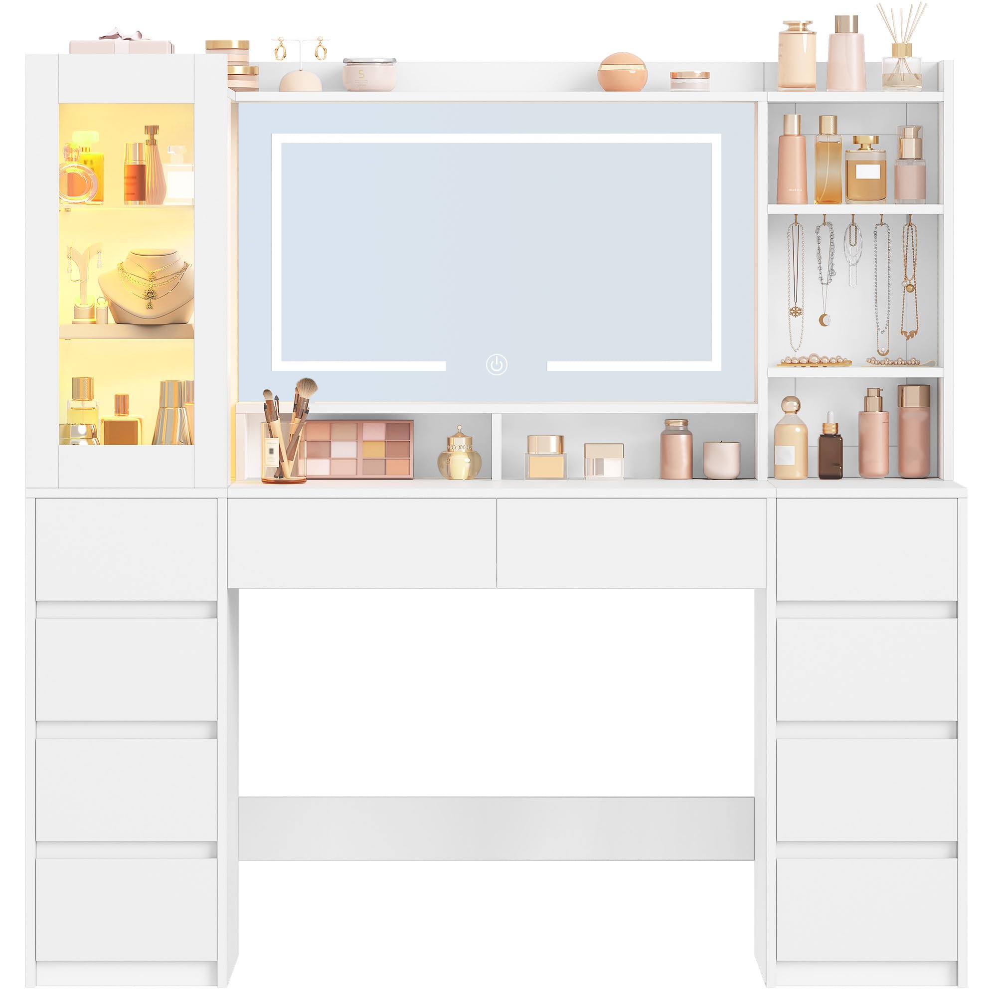 Hzuaneri 140 cm Toeletta Trucco, Postazione Trucco con Grande Specchio HD, Striscia Luminosa RGB, 10 Cassetti, 9 Scaffale Portaoggetti, per Camera da Letto, Ufficio, Bianco 1150003XEU