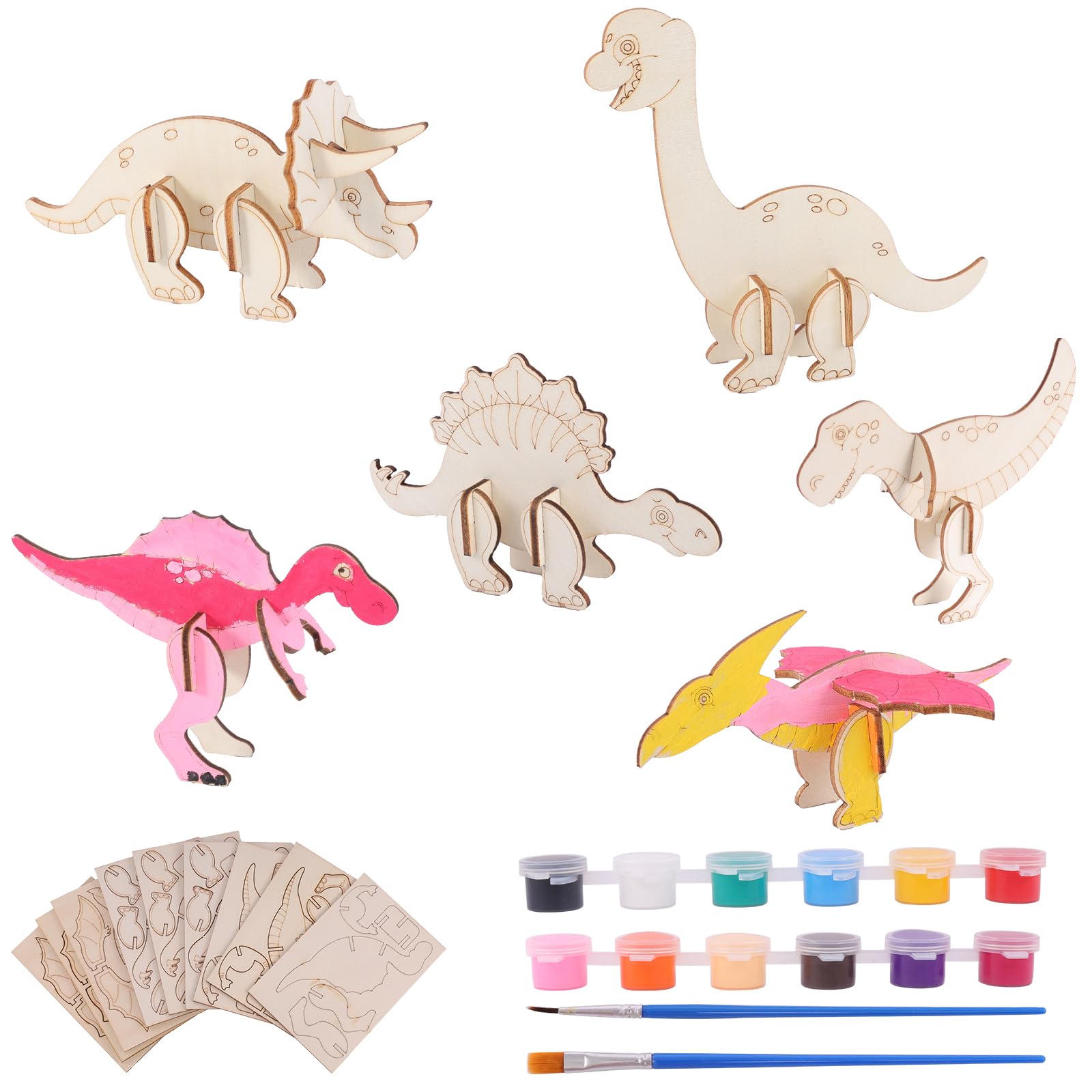 22Pcs Dinosaur 3D Wooden Craft Set, Dinosaur Children Painting Wooden Craft, DIY Creative Art Dinosaurs Wood Crafts with Brush, Dinosaurs Puzzle Painting Ornaments for Boys Girls Gifts