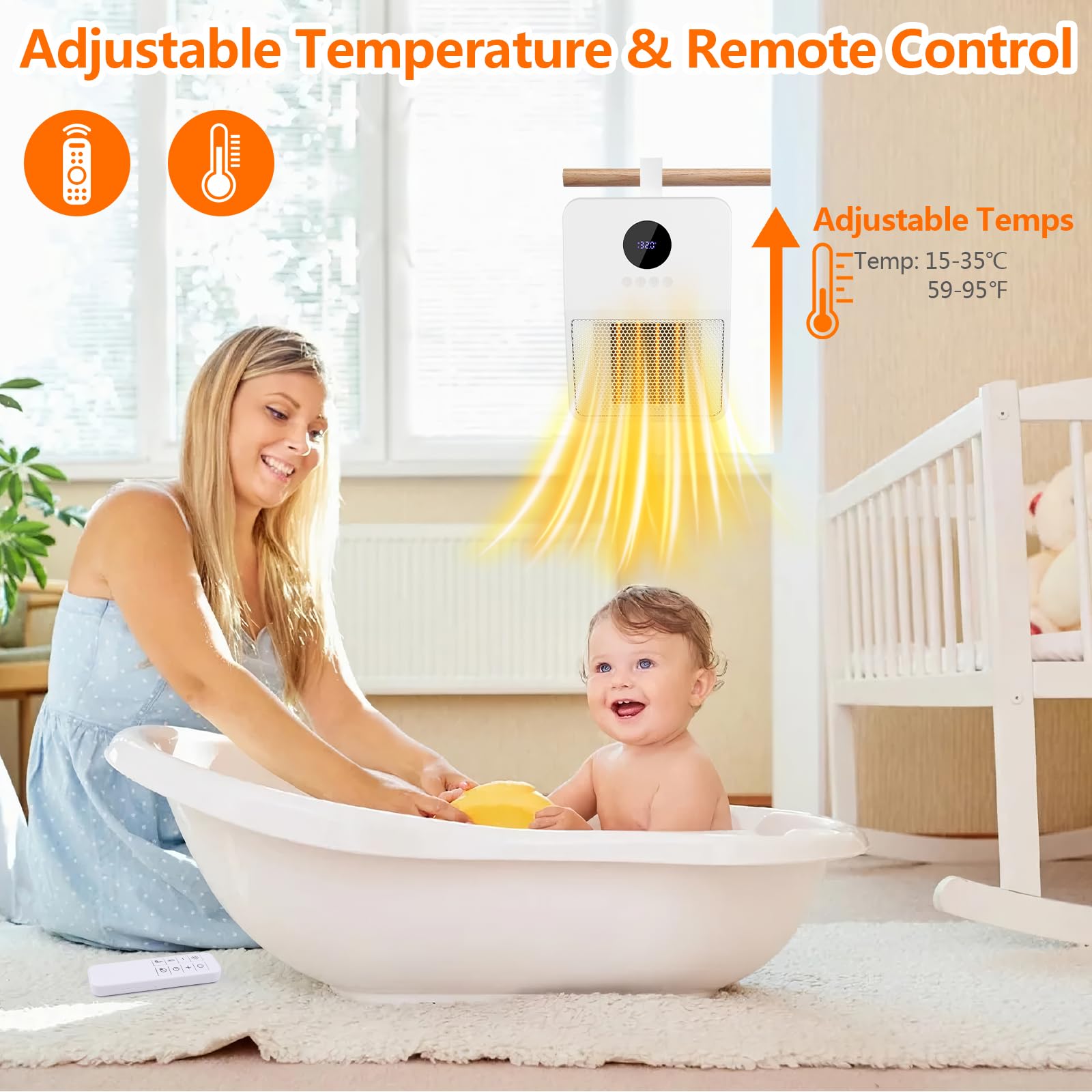 Radiateur Soufflant Céramique 1500 W, Chauffage d'Appoint avec thermostat réglable, Montage Mural Chauffage Soufflant Salle de Bain, 3 Réglages de Température, Chauffage pour Chambre Blanc (1500W)