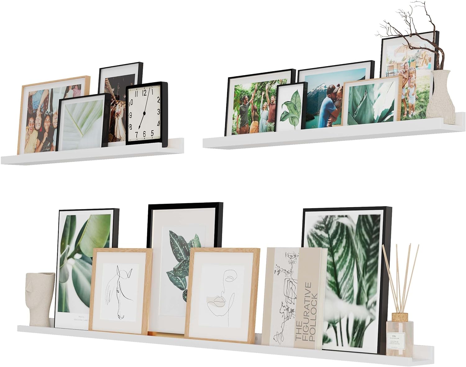 Wallniture Denver Multi Size 60"-30"-30" Floating Shelves for Picture Frames Collage Wall Decor, Book Display Shelf, Picture Ledge Shelf, Wall Shelves for Bedroom, Set of 3 White