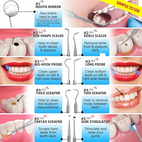 Miniatura 5 de G.CATACC Herramientas dentales, paquete de 10 removedores profesionales de placa para limpieza de dientes, kit de higiene dental de acero inoxidable