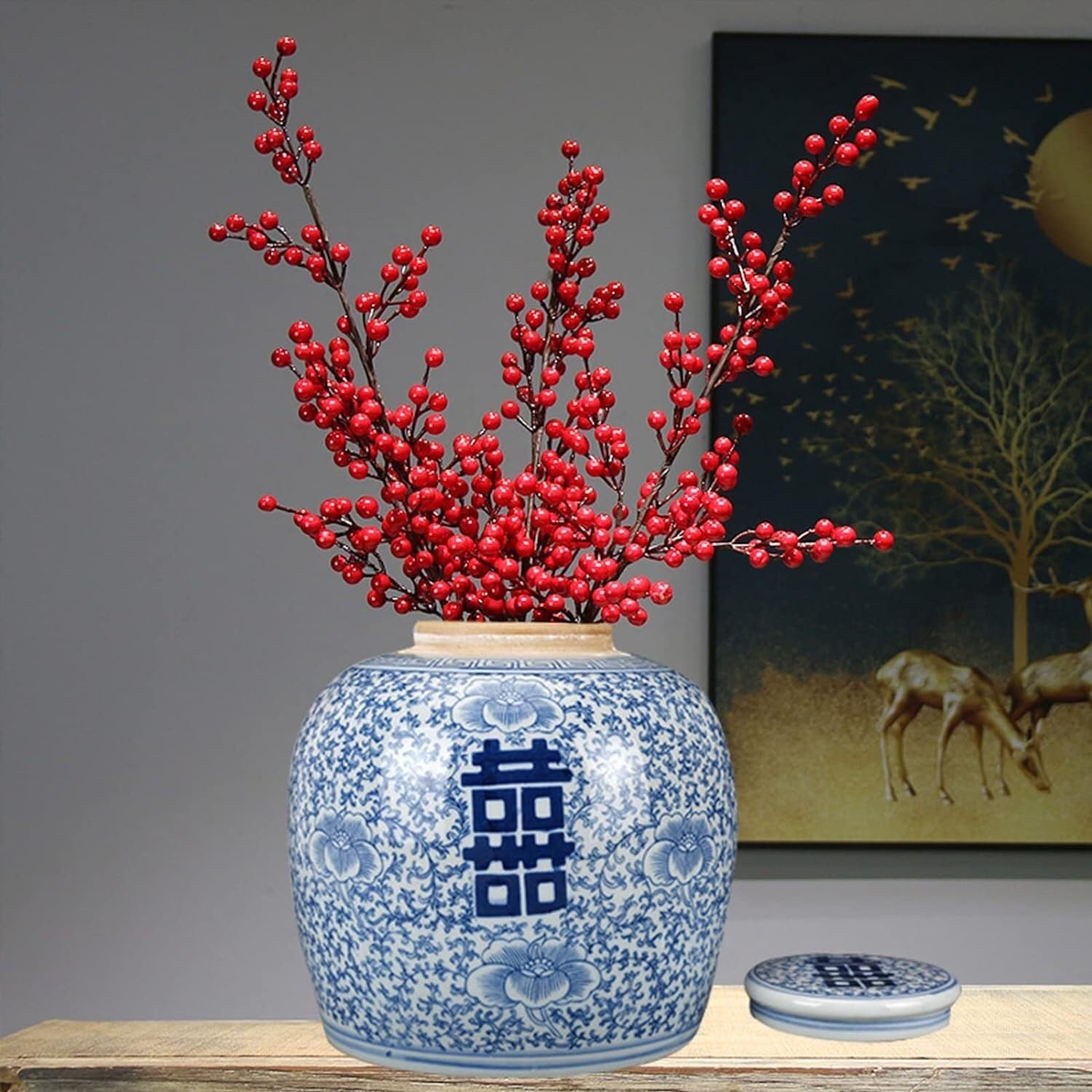 Ingwerglas Blaue Und Weiße Porzellan-dekorative Keramikknospenvase Double Happiness, Flache Oberseite Mit Deckel, Ingwerglas Tempelglas