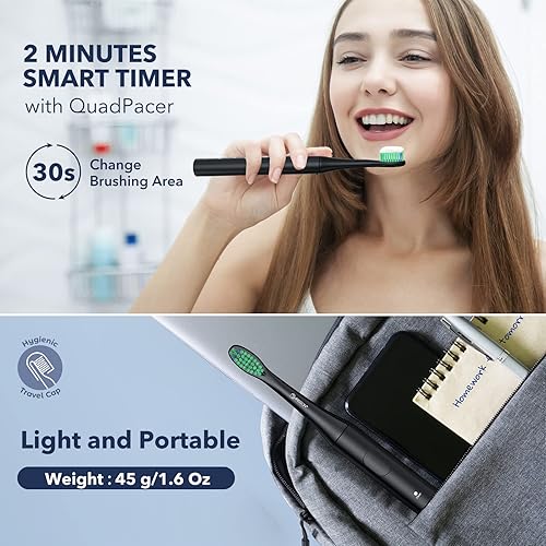 Miniatura 5 de ARISSON Cepillo de dientes eléctrico Sonic para adultos y niños con 4 cabezales de cepillo, carga rápida tipo C, maíz nuevo + negro medianoche