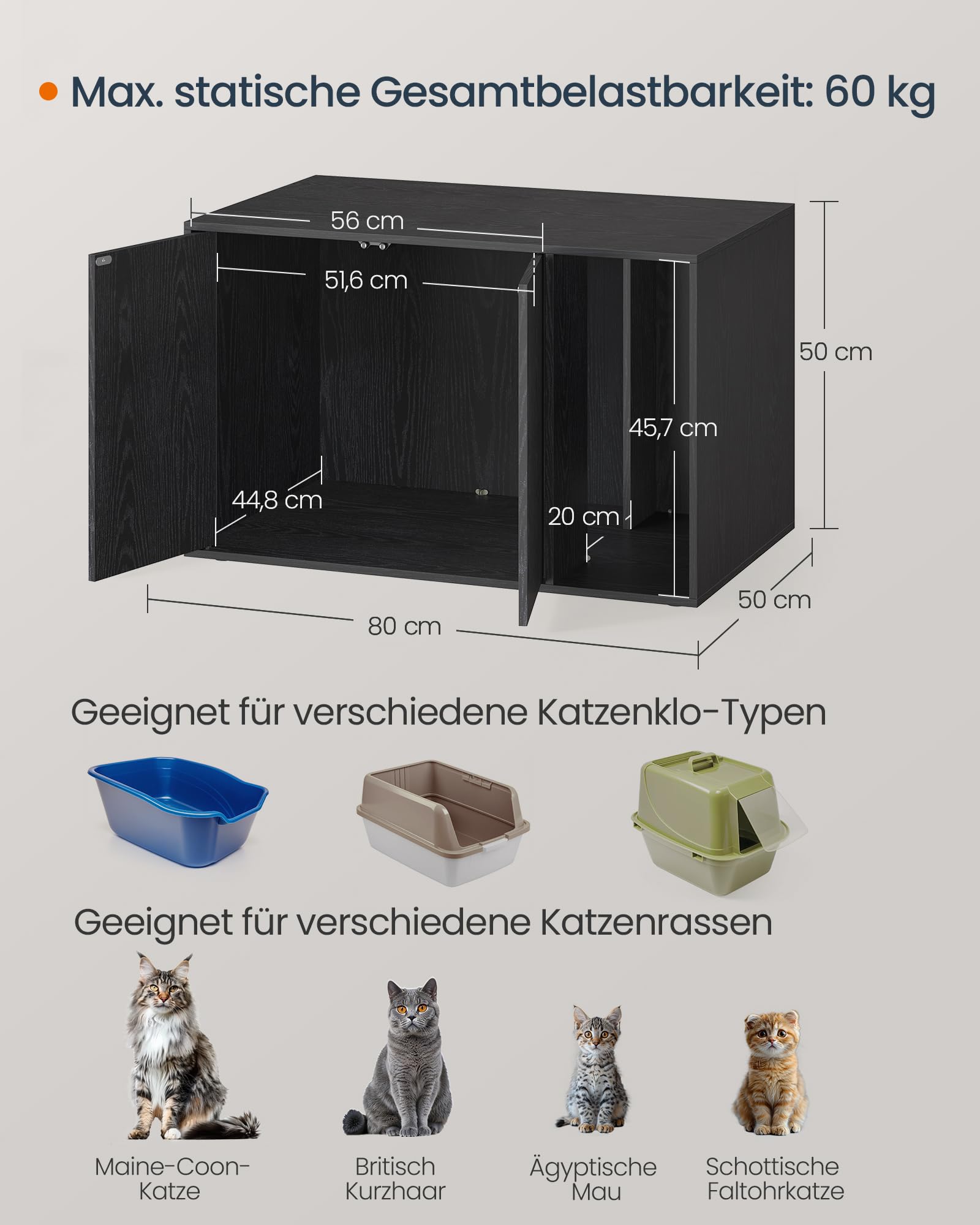 SONGMICS HOME Katzenklo Schrank, superschnelle werkzeuglose Montage, Toolless-Technologie, Katzenhaus für Katzentoilette, Werkzeuglose Montage, Push-to-Open, 80 x 50 x 50cm, Ebenholzschwarz PCL013B03