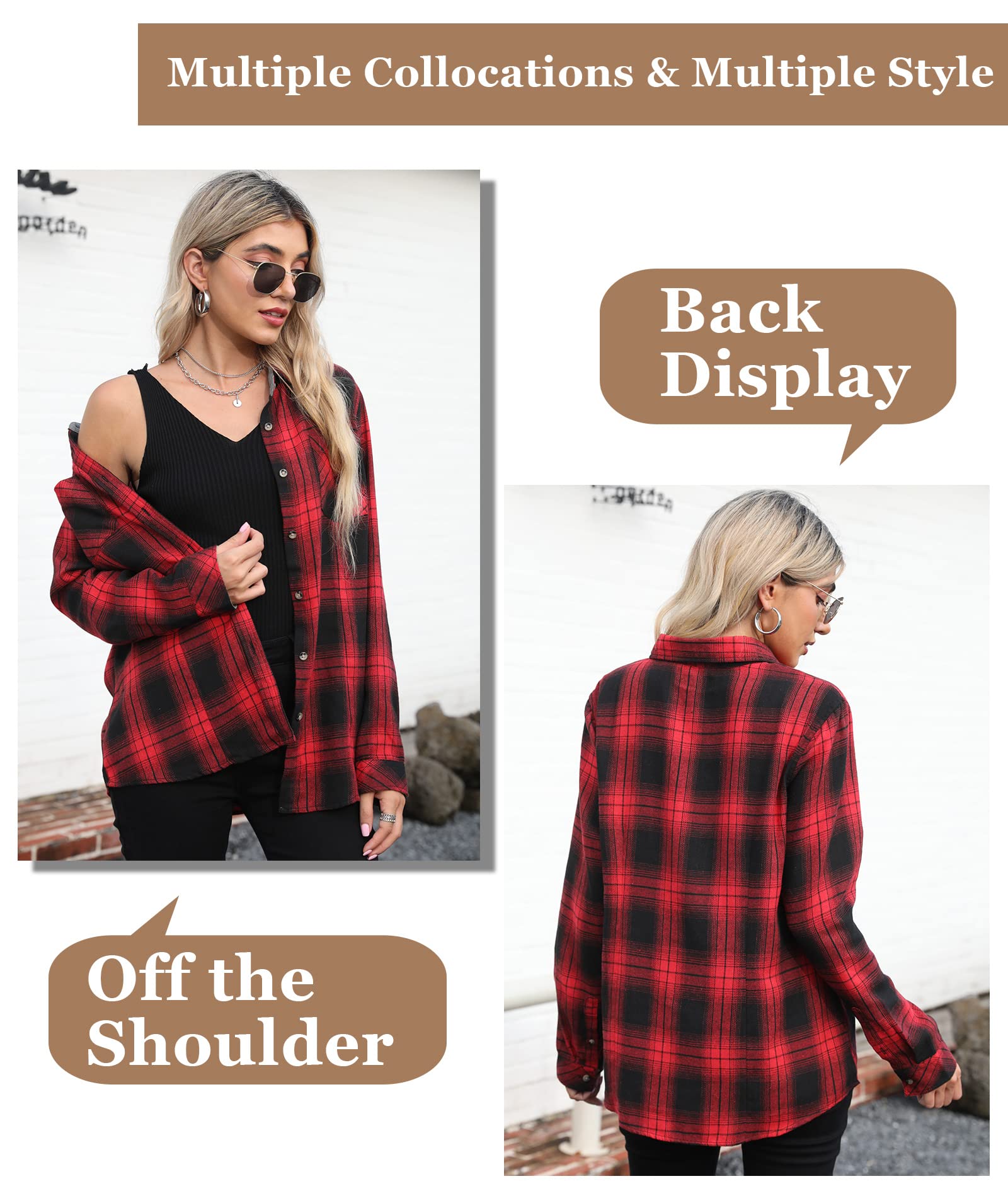 Plaid Flannel Shirts For Women Buffalo Plaid Shirts Oversized Long Sleeve  Casual Button Down Blouse Top Red XL